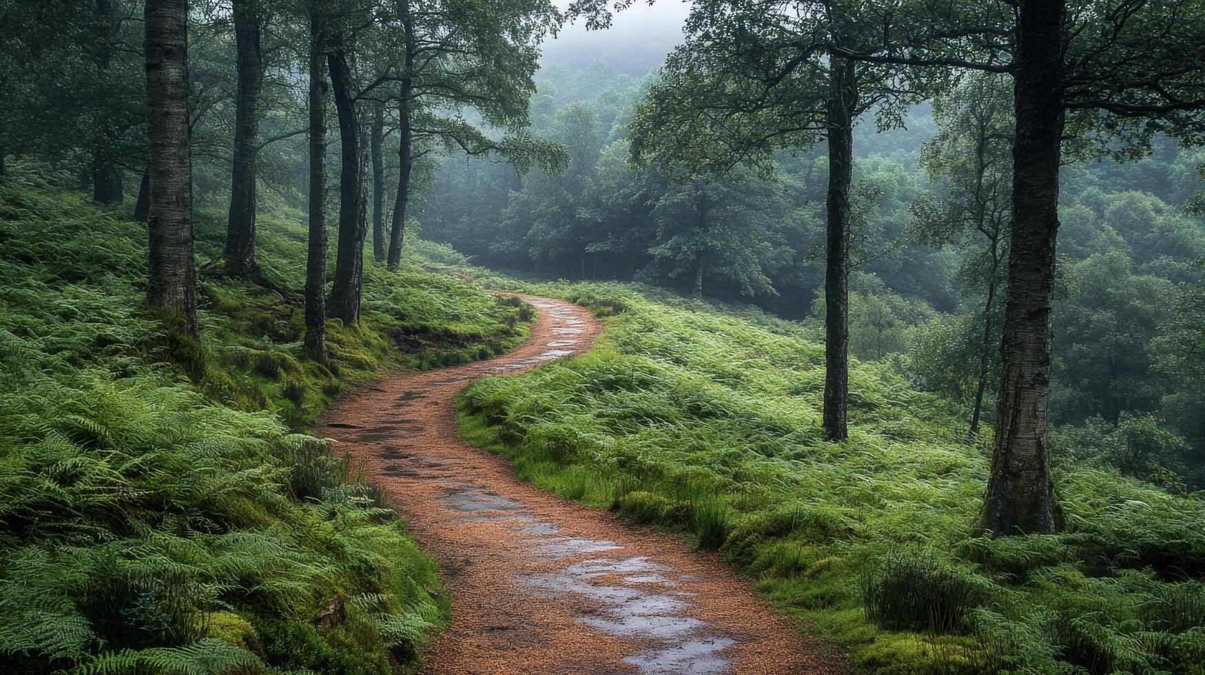 A path in the forest with trees and green grass photo