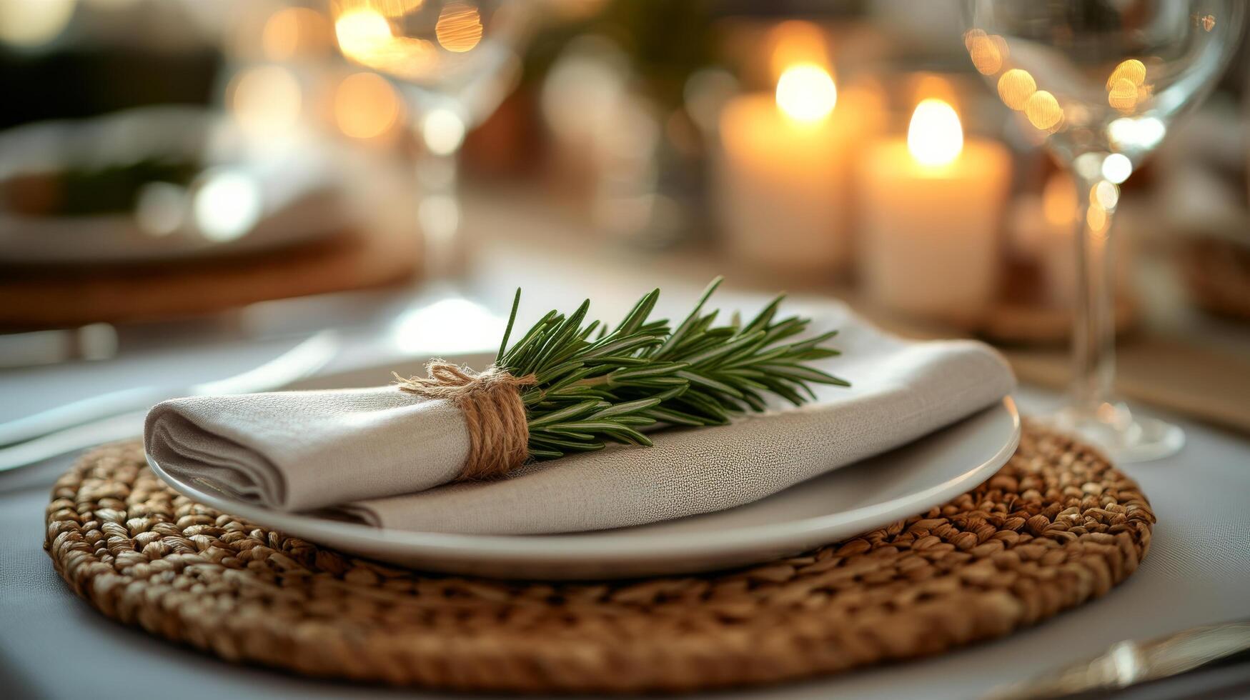 A place setting with a rosemary sprig on a plate photo