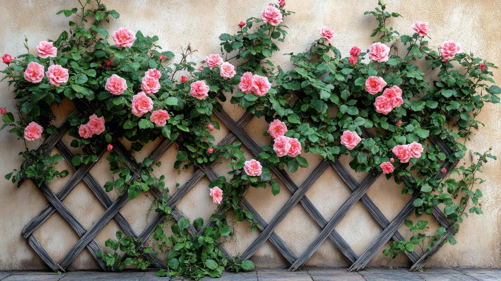 A wall with pink roses growing on it photo