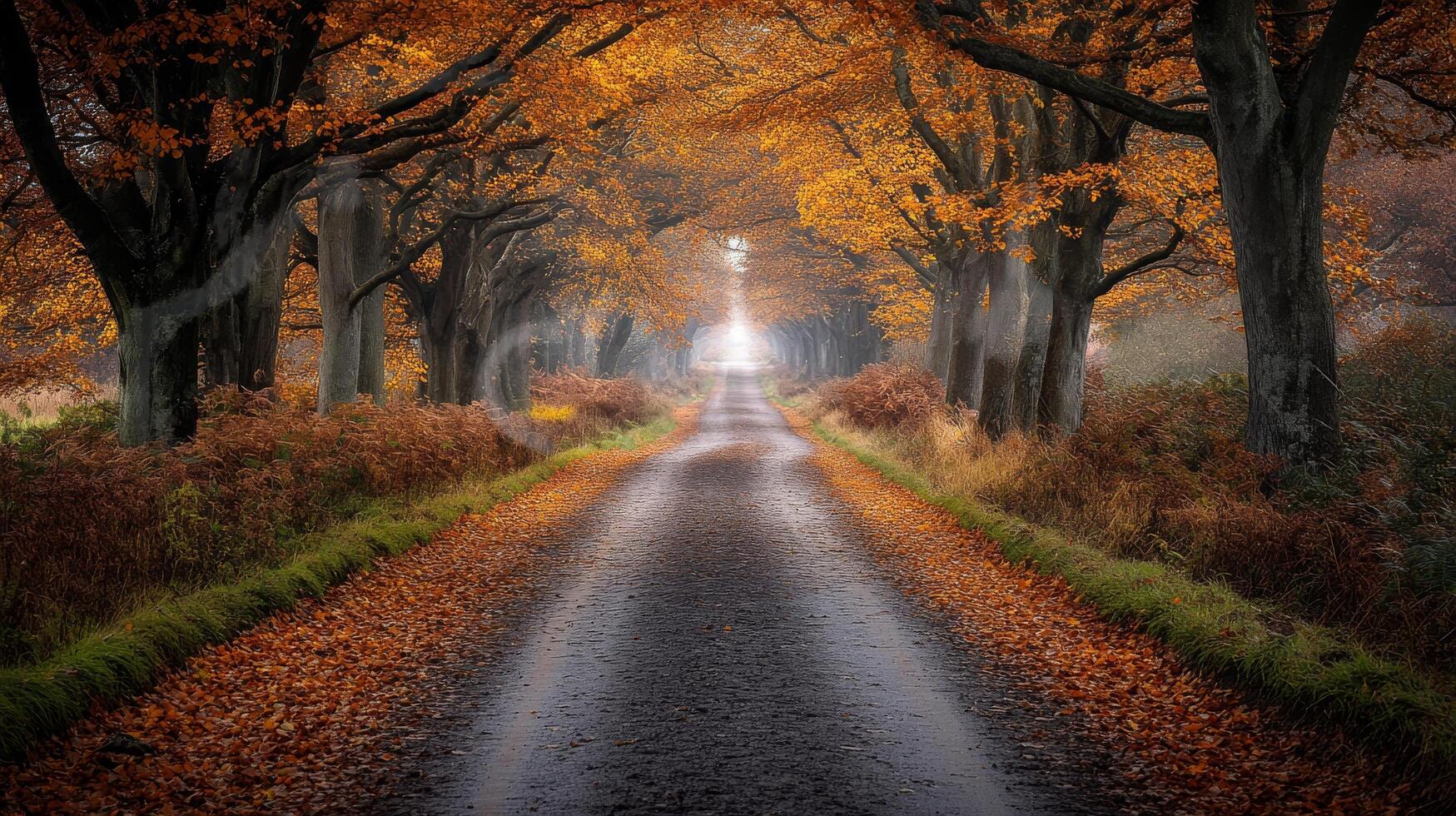 A road lined with trees and leaves in the fall photo