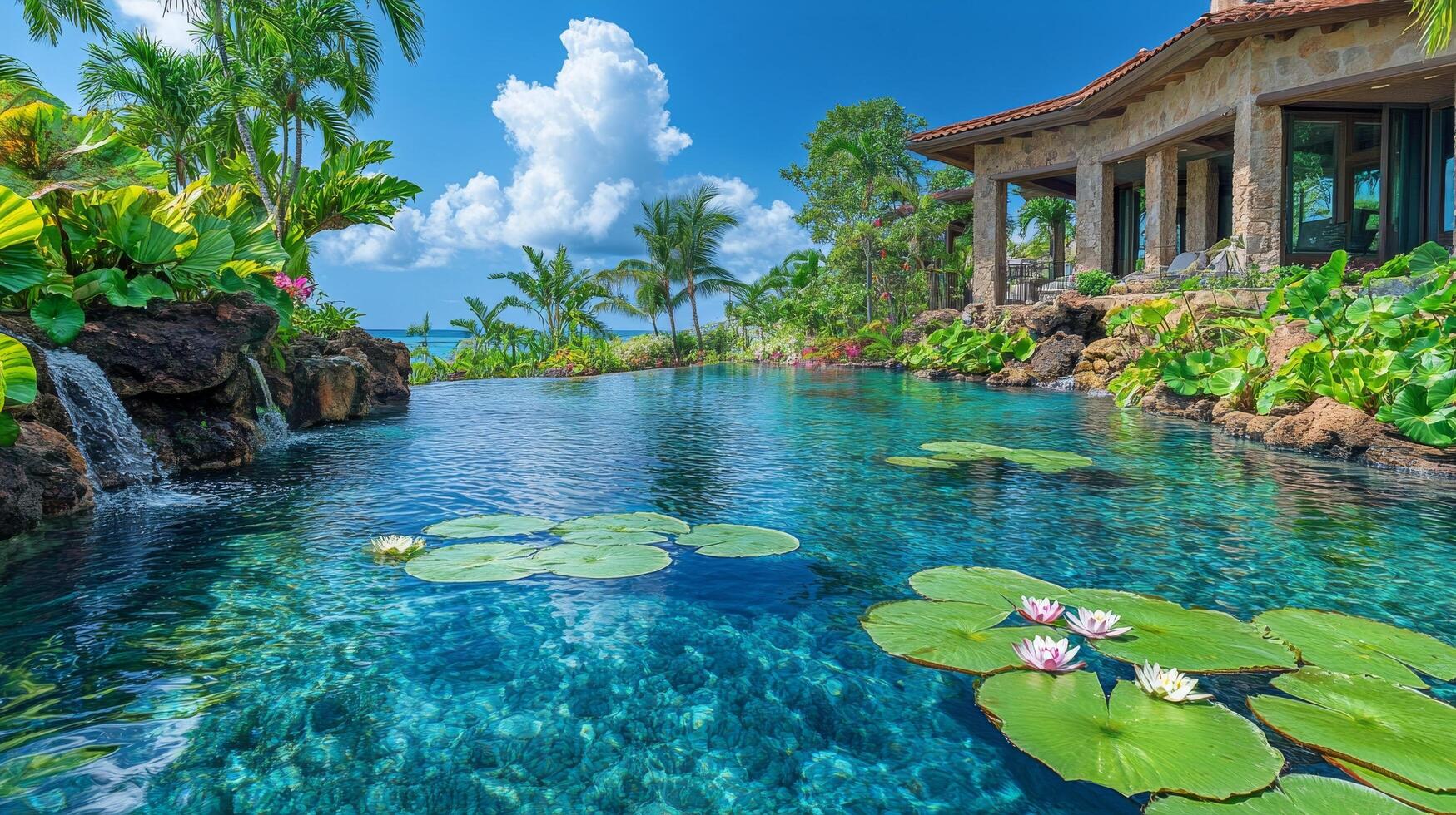 A tropical pool with lily pads and water lilies photo