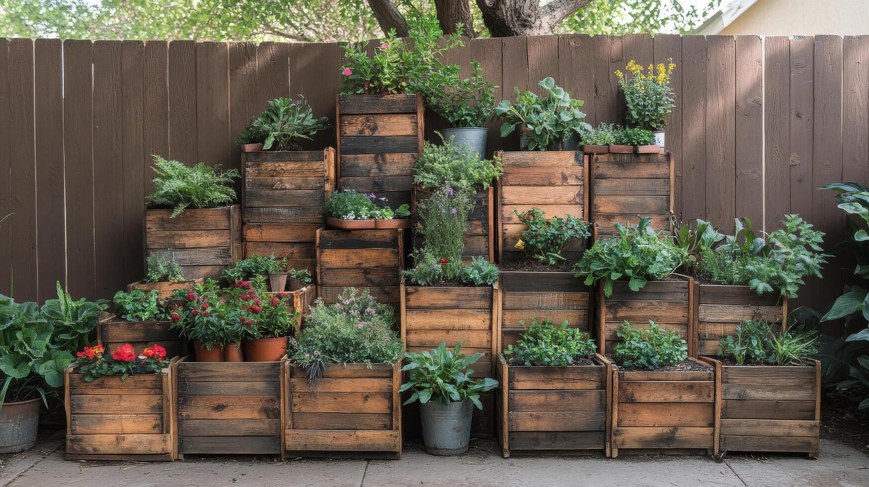 A stack of wooden crates with plants in them photo