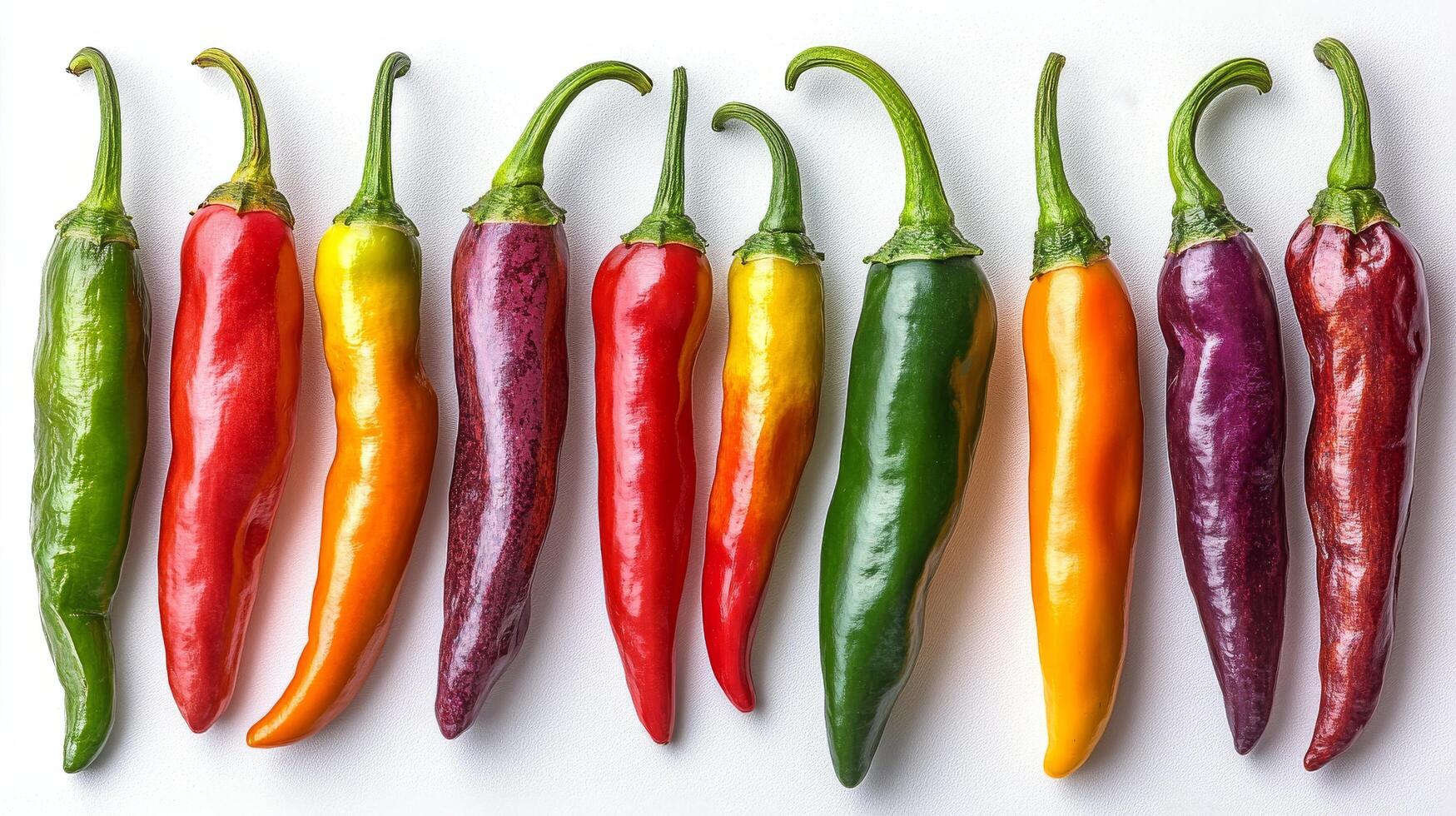 A group of colorful peppers on a white surface photo