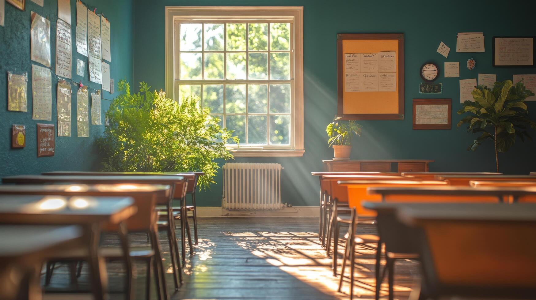 An empty classroom with desks and windows photo