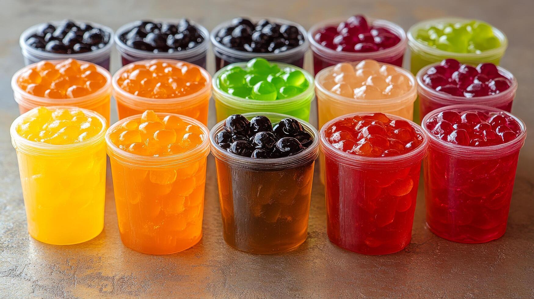 A group of colorful jellies in plastic cups photo