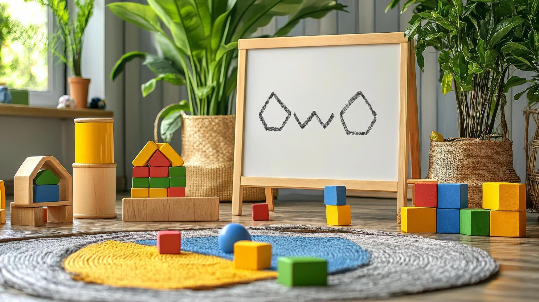 A wooden toy set on a table with a whiteboard photo
