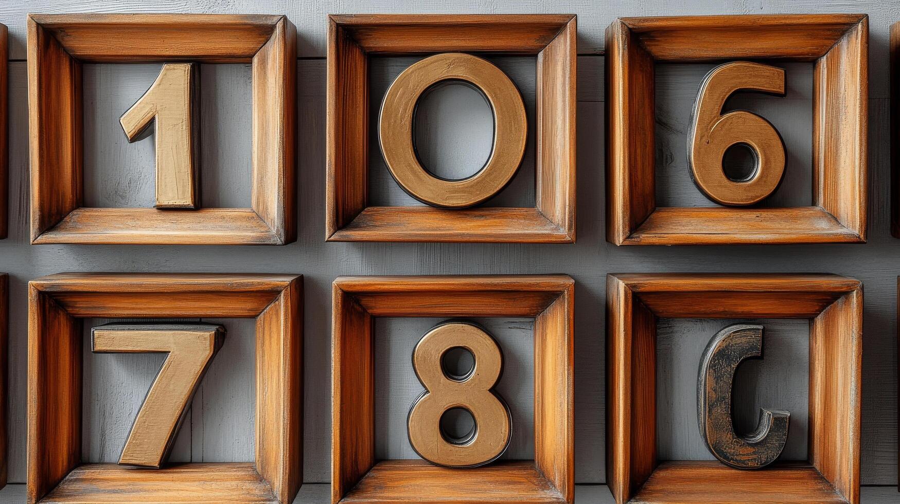 A number of wooden numbers are displayed in frames photo
