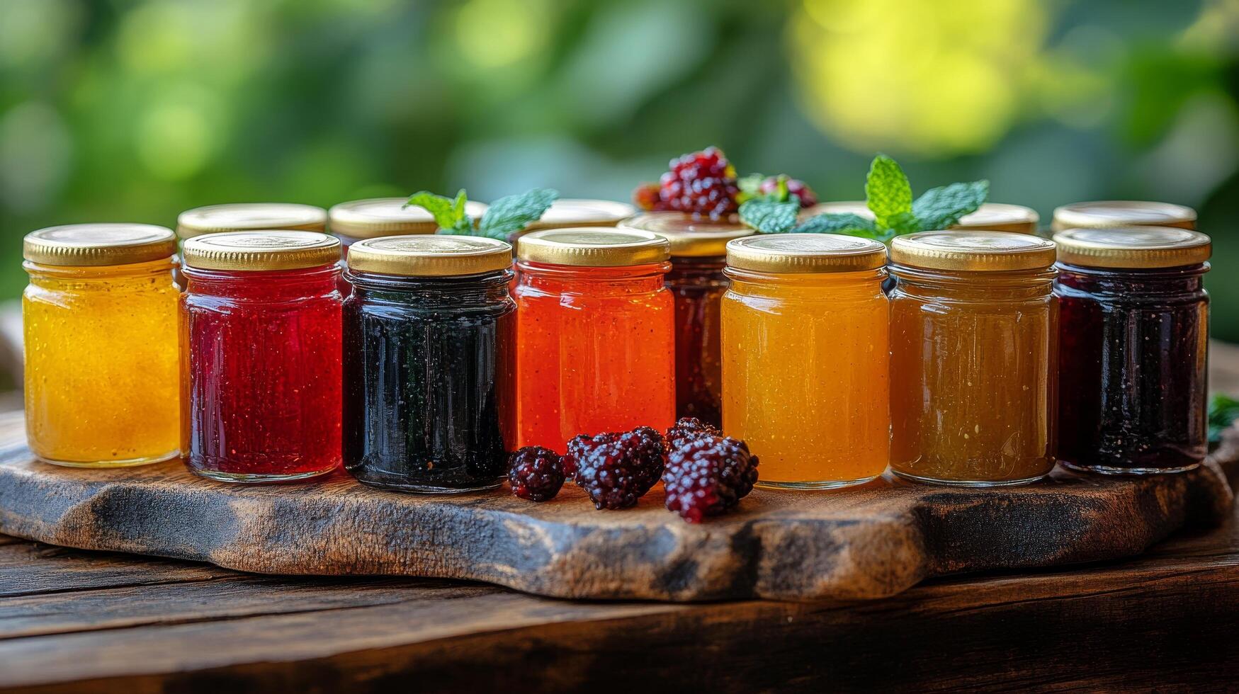 A variety of jams and jellies sit on a wooden tray photo
