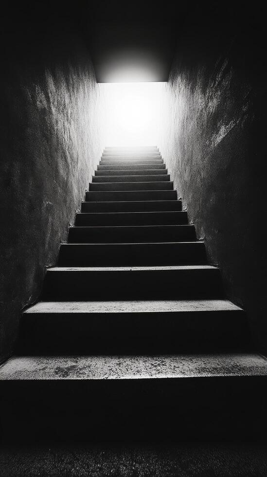 Black and white photo of stairs leading to a light