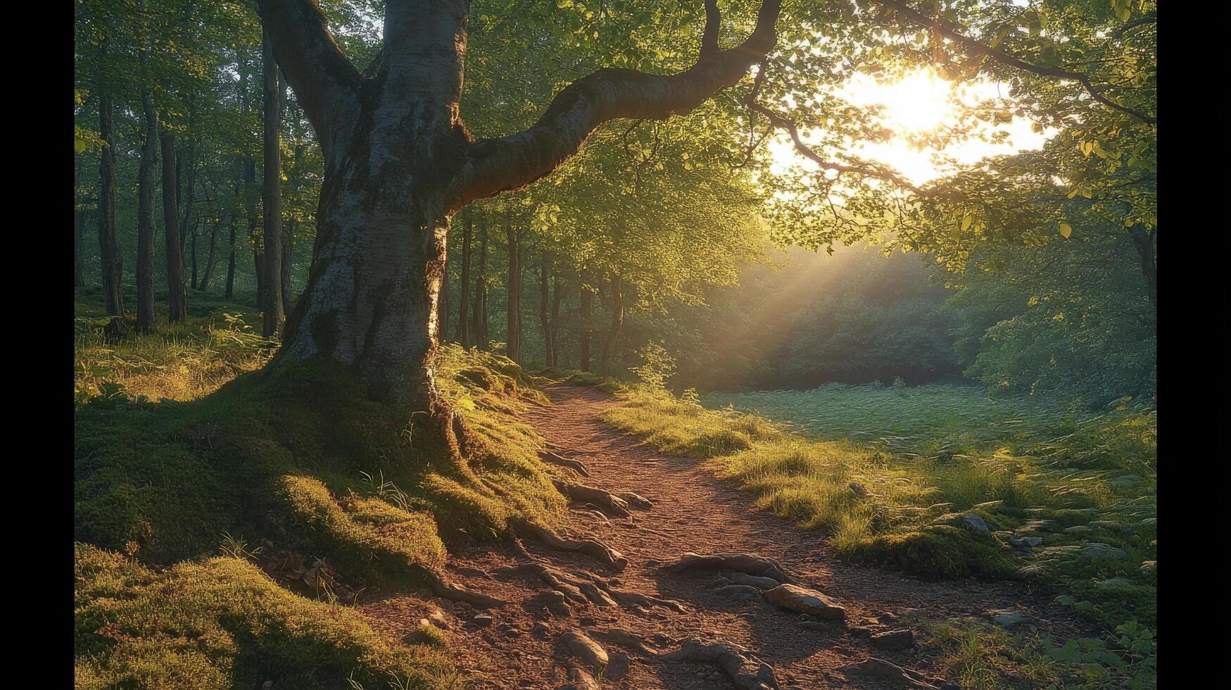 A path through a forest with trees and grass photo