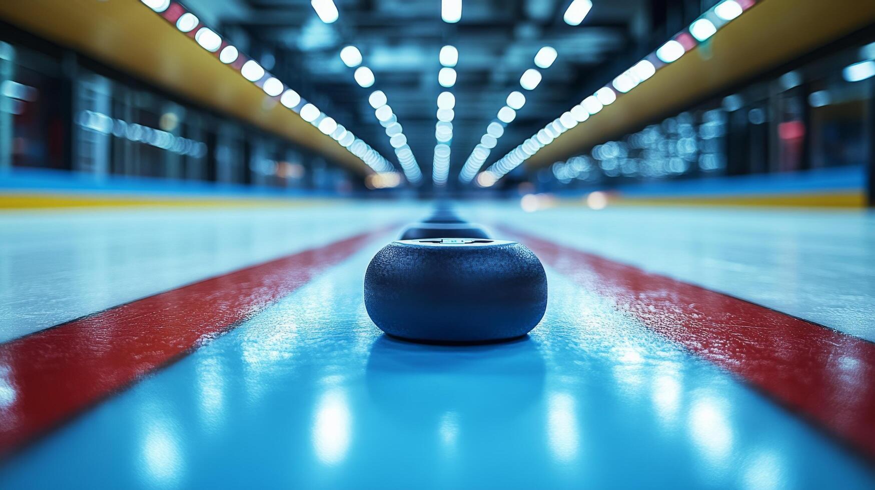 A curling ball sits on the ice in a curling rink photo
