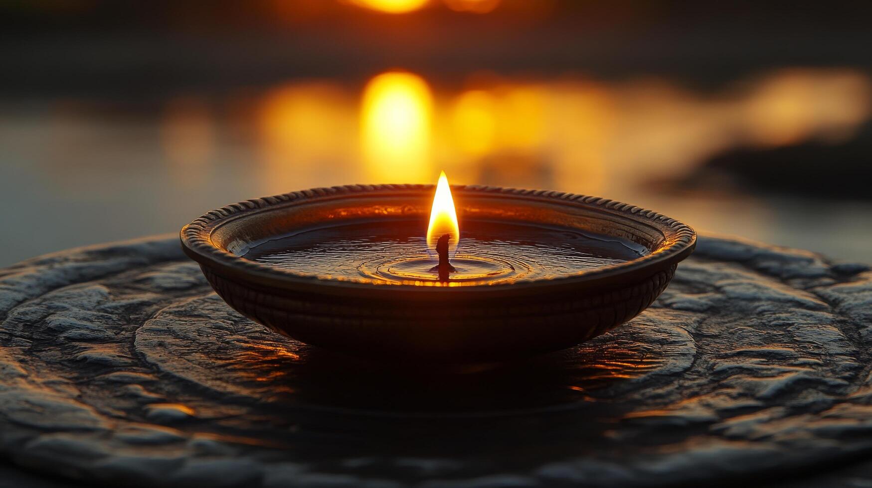 A candle is lit on a table in front of a lake photo