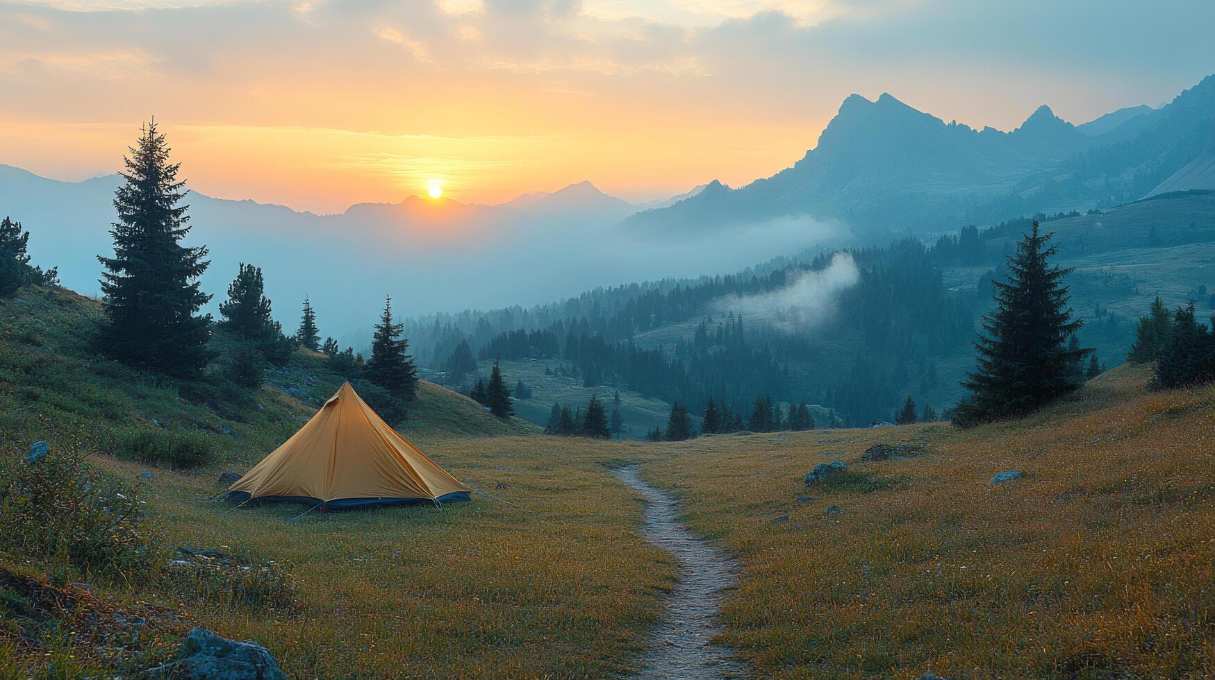 A tent is set up on a mountain top photo