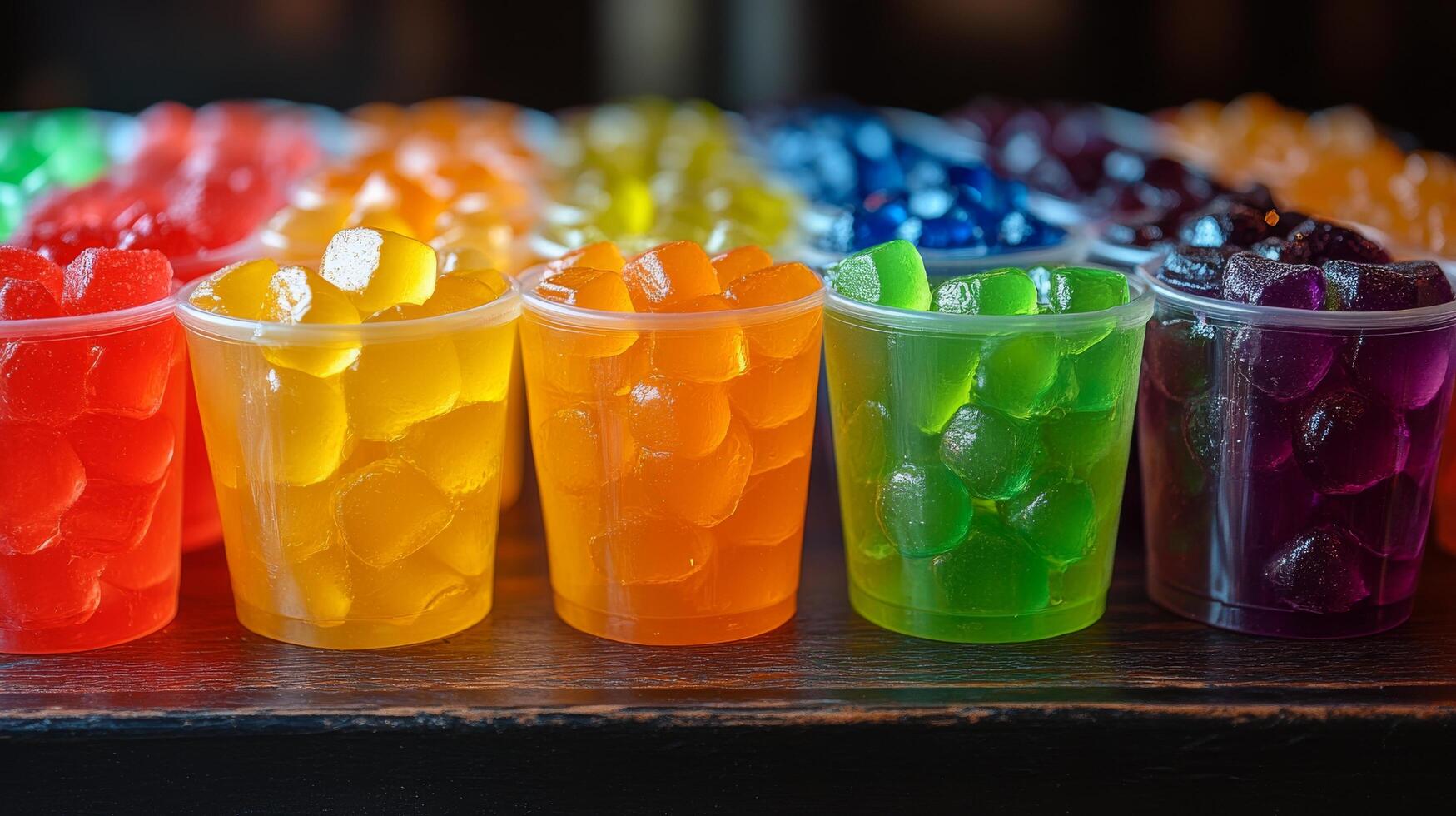 A row of colorful cups with gummy bears photo