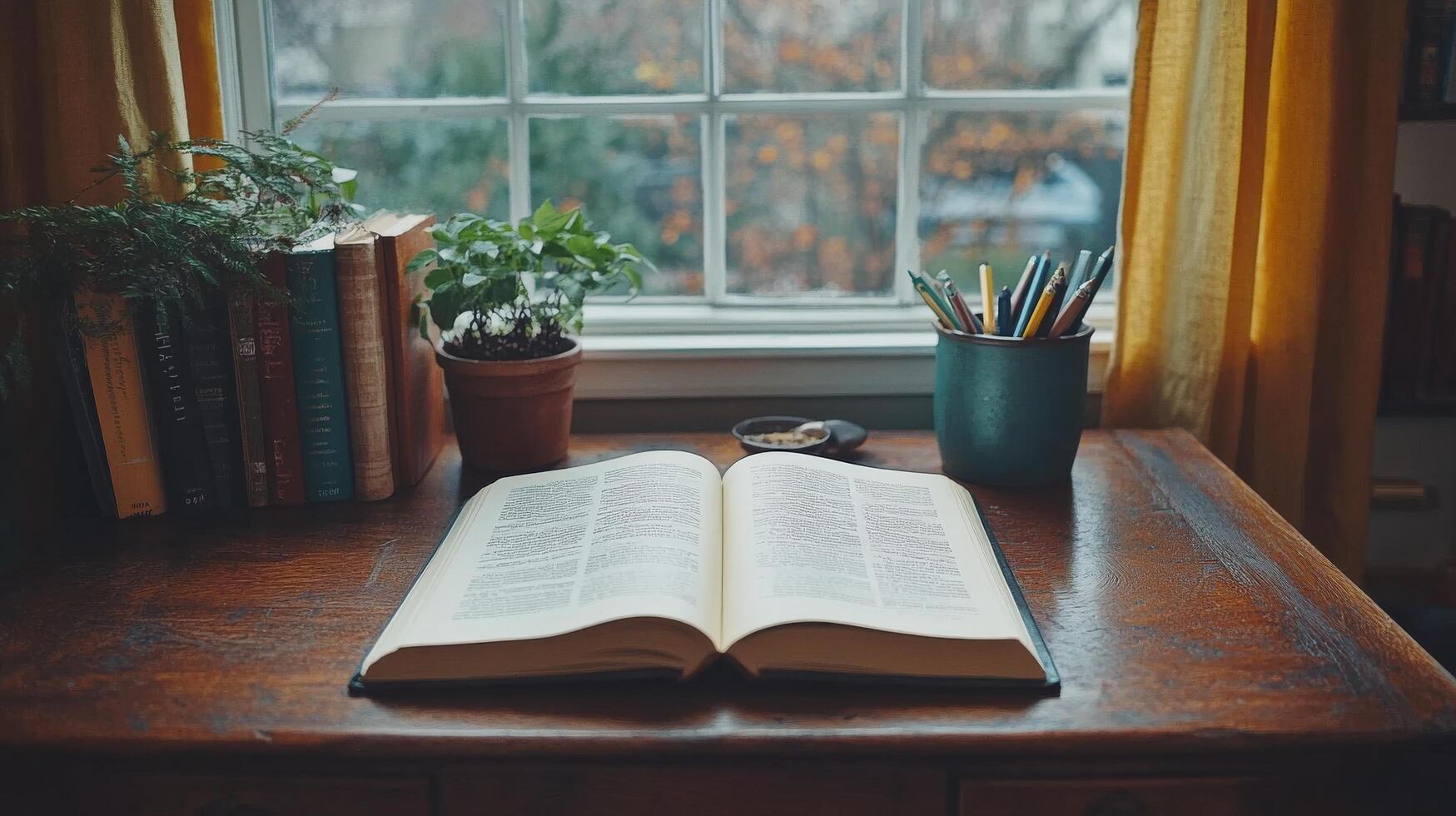 An open book on a desk in front of a window photo