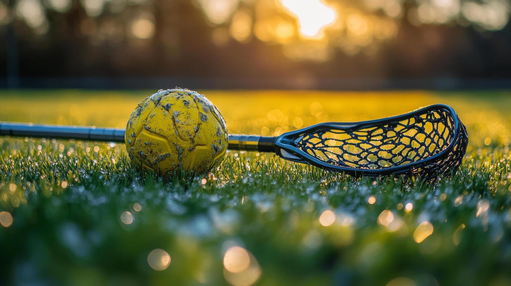 A lacrosse ball and net laying on the grass photo