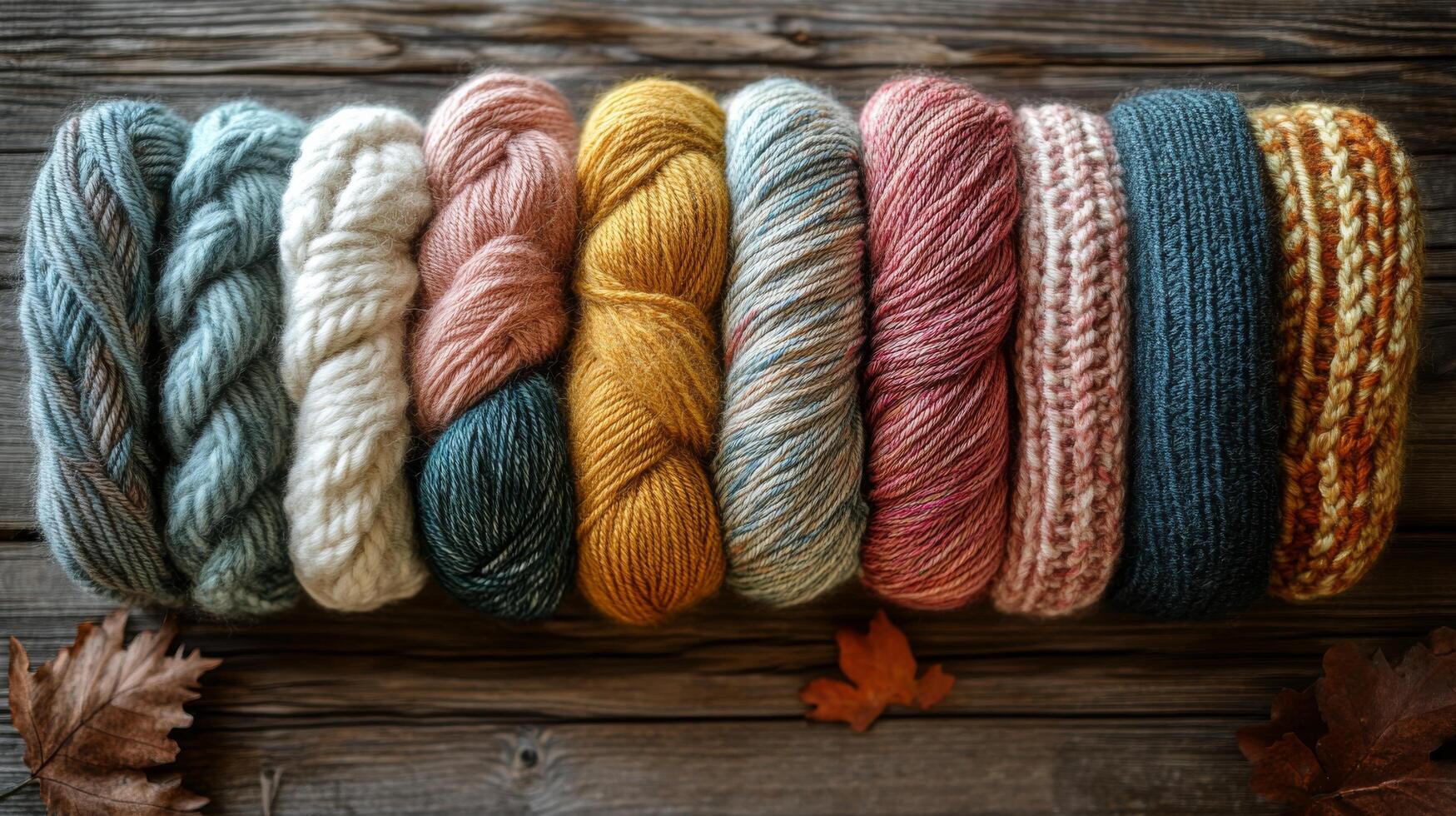 A pile of yarns on a wooden table photo