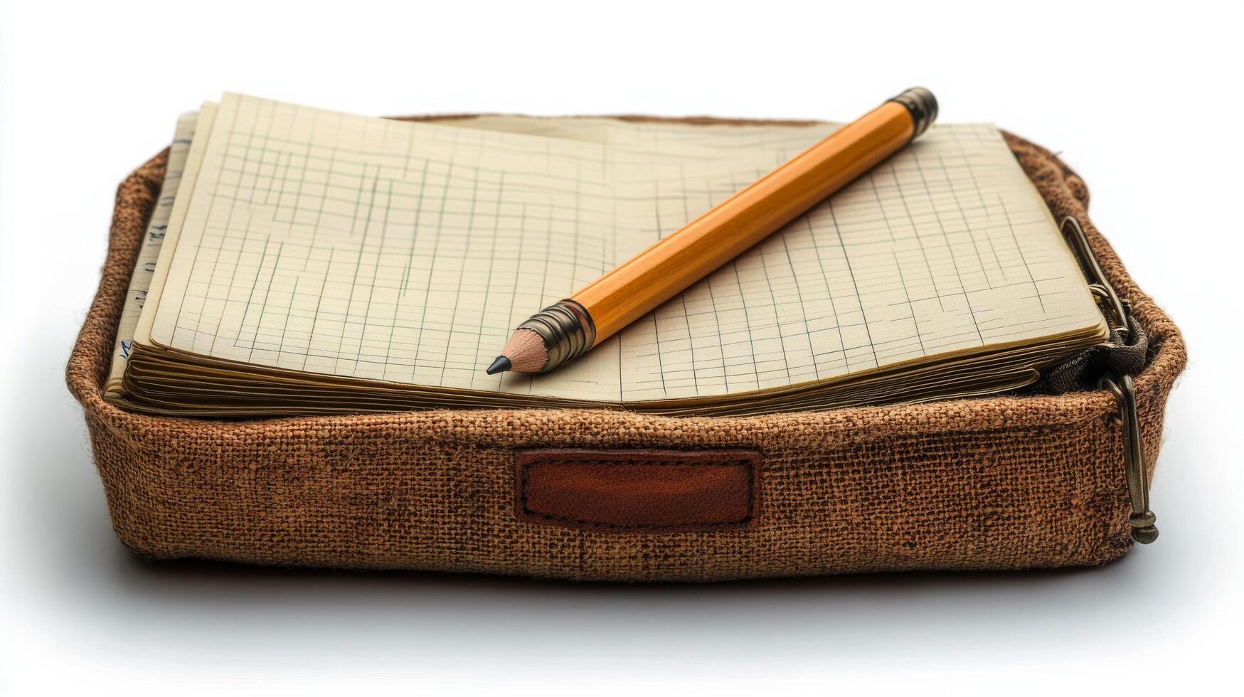 Pencil and notebook in a bag on a white background photo