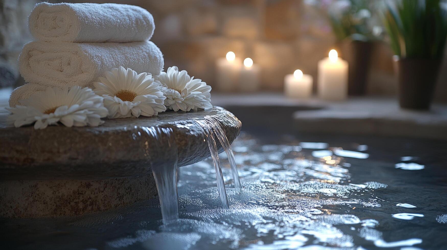 A waterfall with candles and flowers in a spa photo