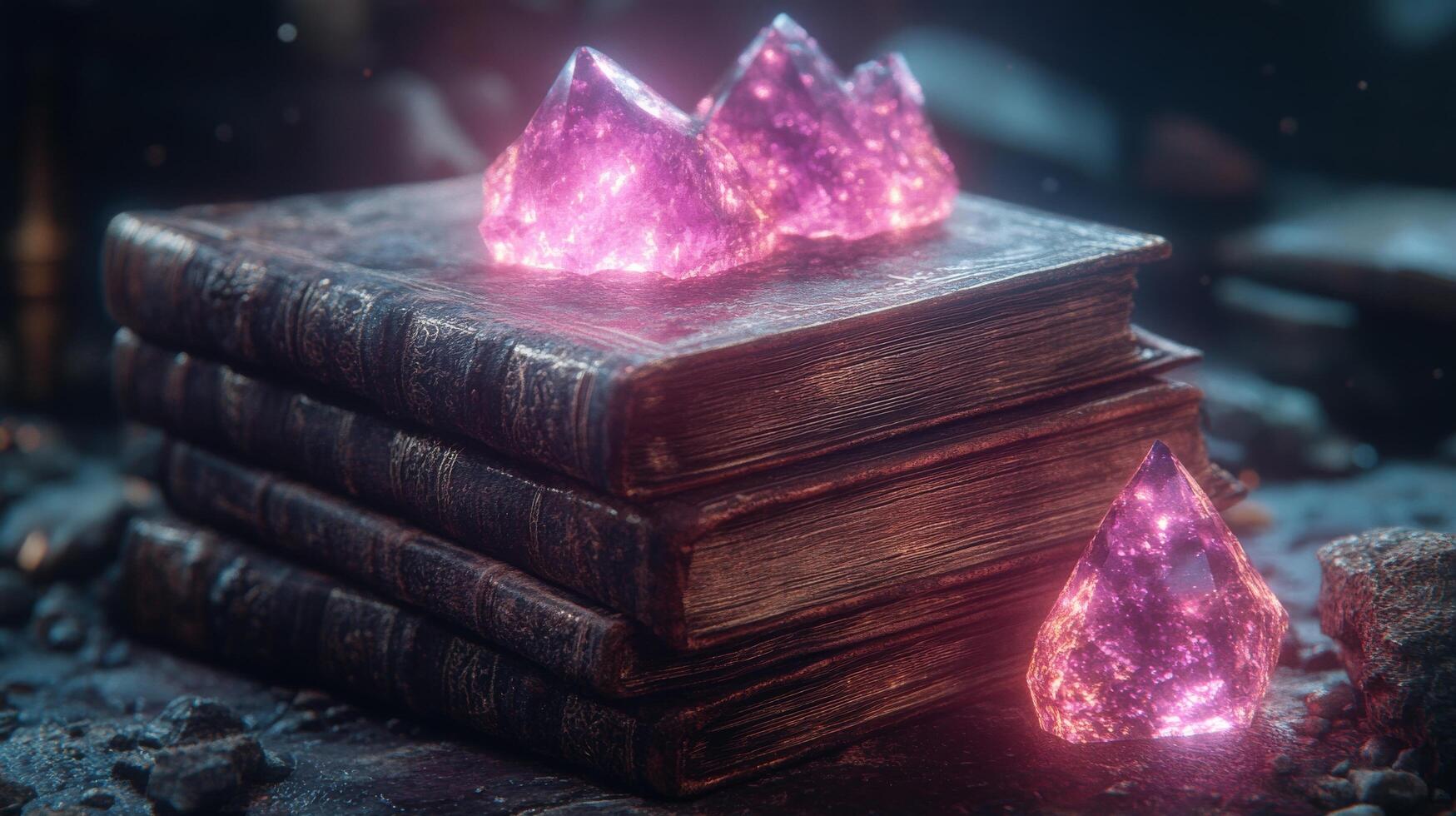 Three purple crystals sitting on top of a stack of books photo