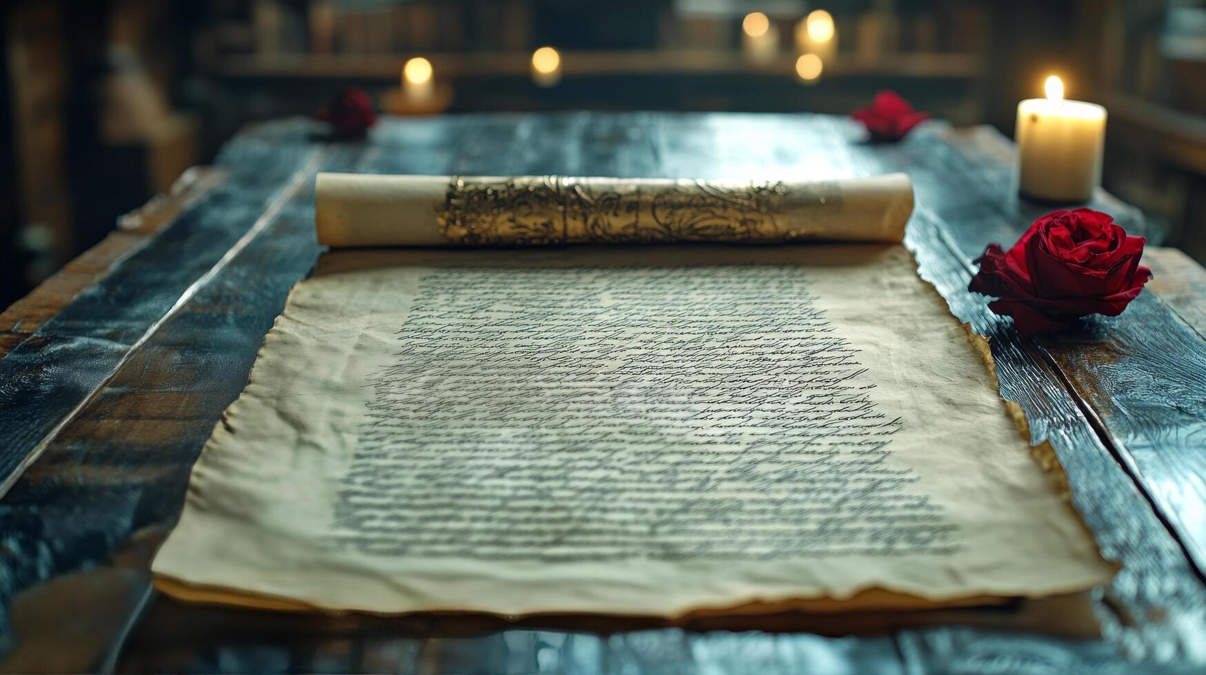 A scroll with a candle on a table photo