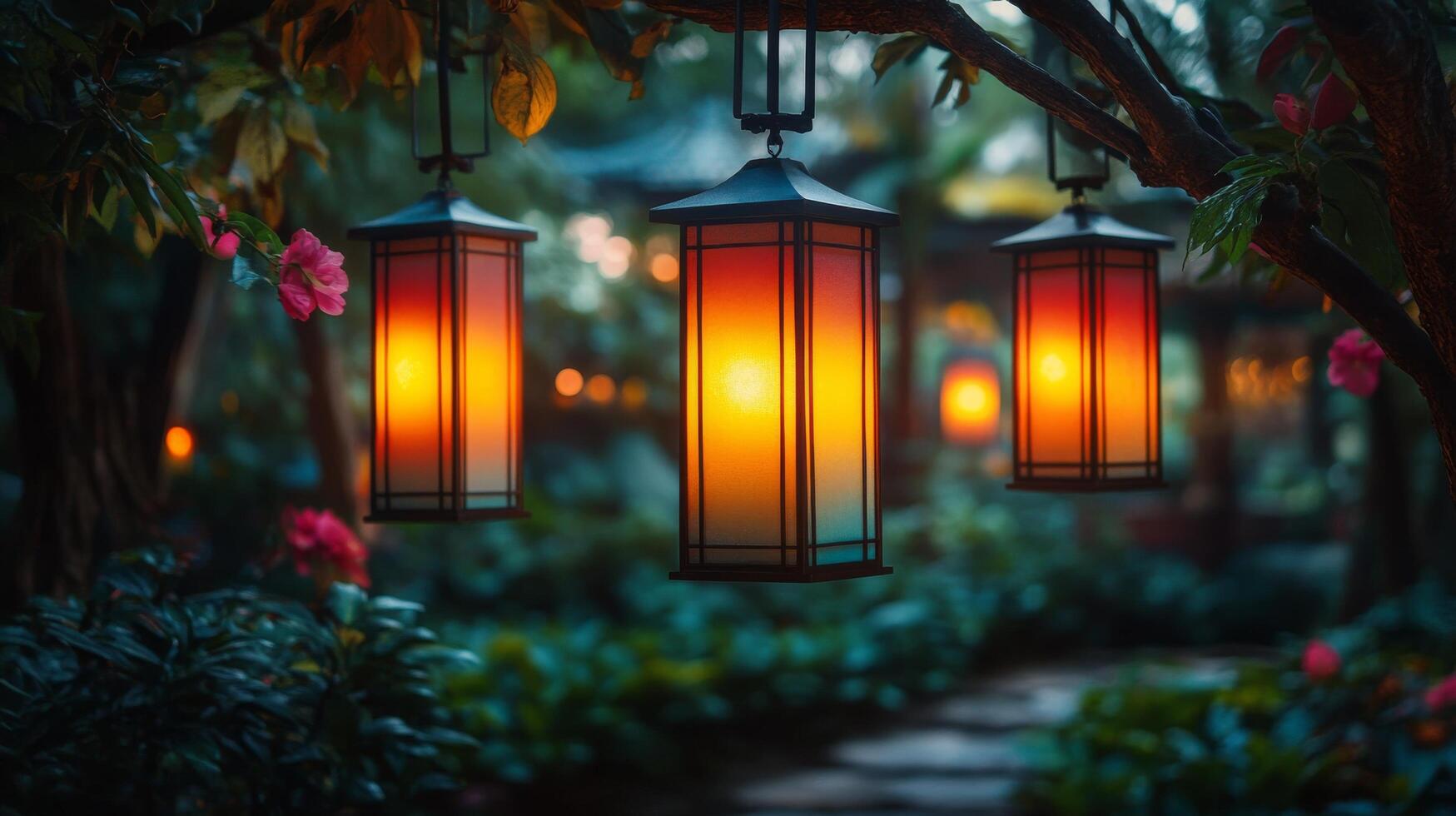 Three lanterns hanging from a tree in a garden photo