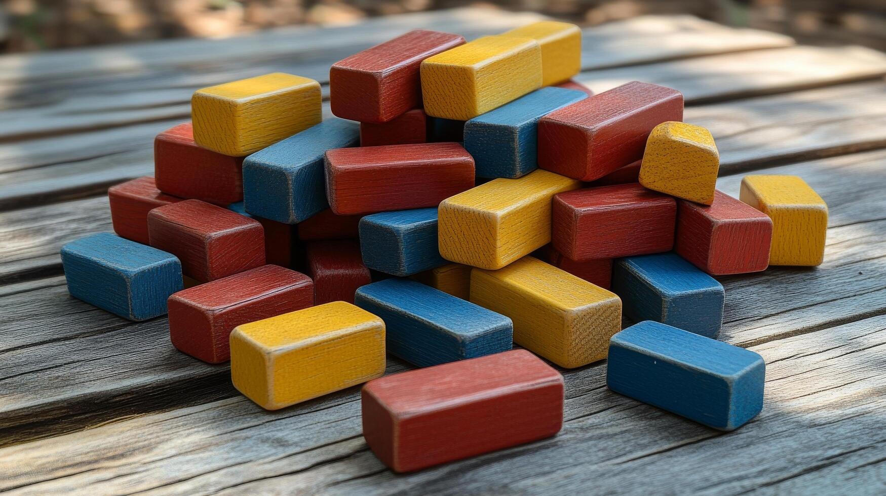 Colorful wooden blocks arranged in a playful stack on a rustic wooden surface in outdoor sunlight photo
