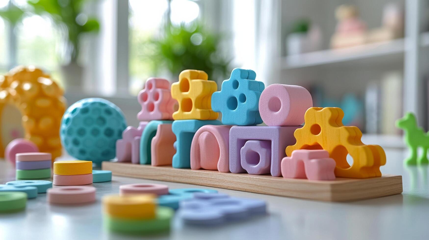Colorful toy blocks on a table with a window photo