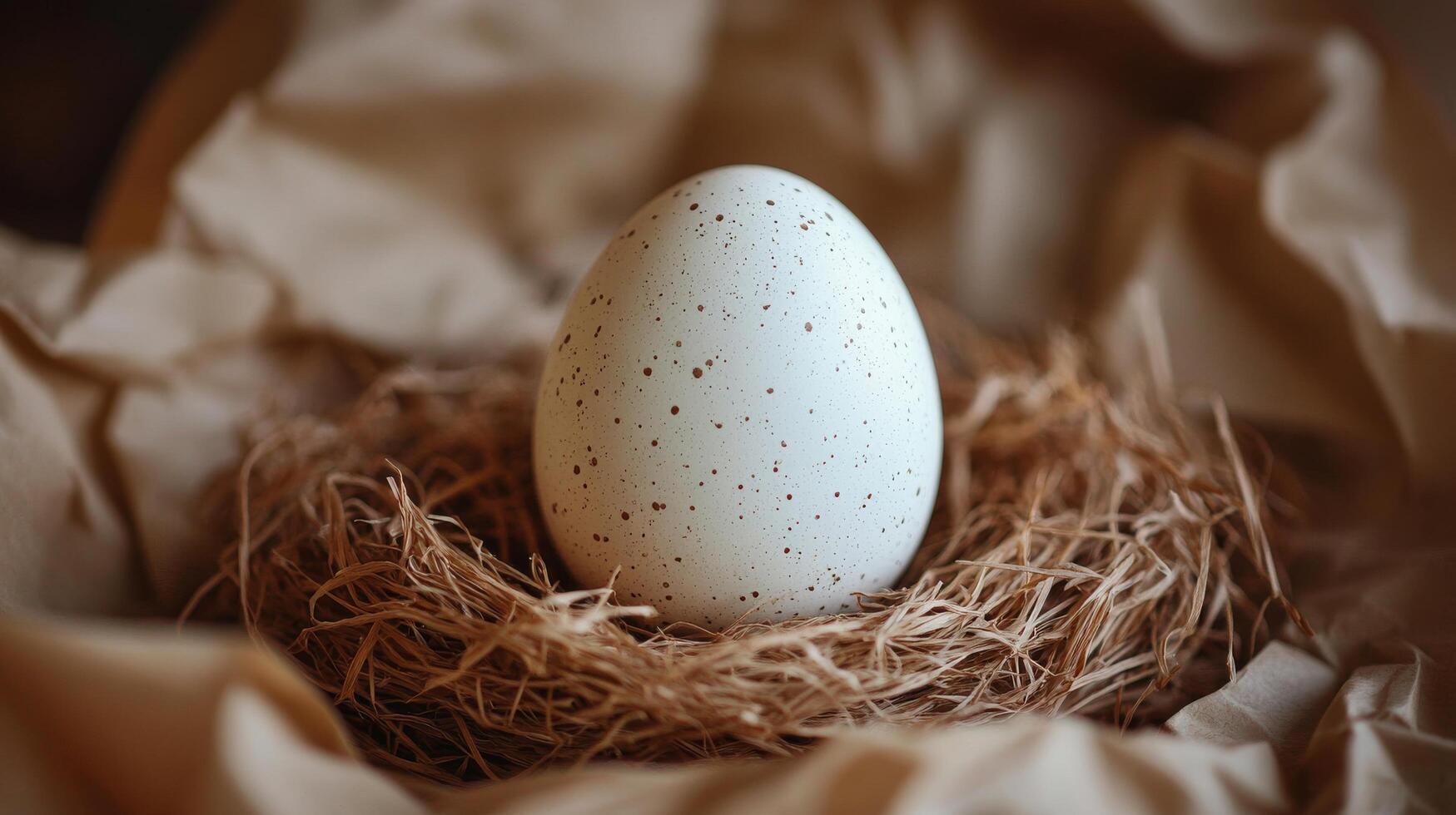 An egg is sitting in a nest on a brown paper photo