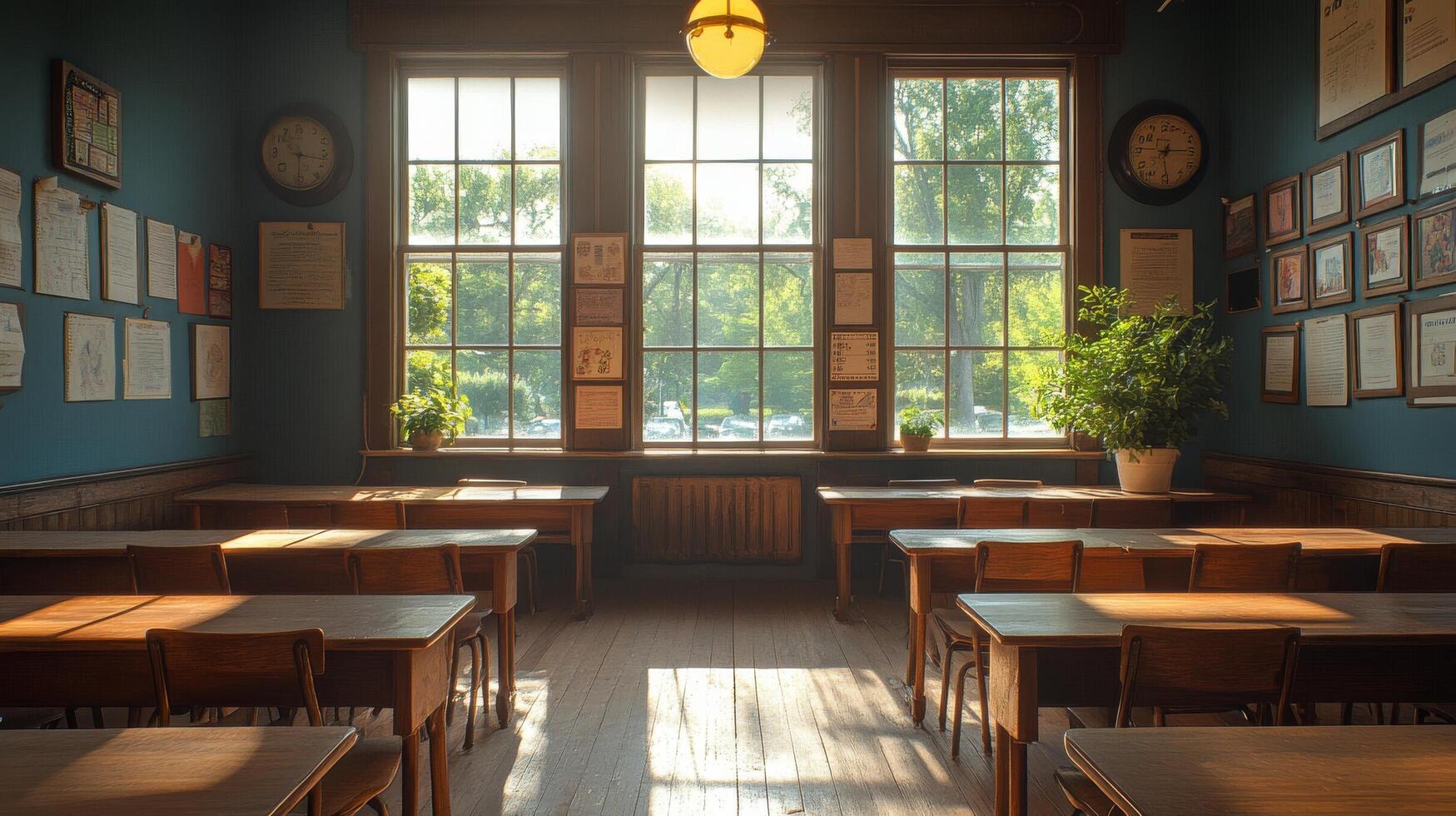 A classroom with desks and windows photo