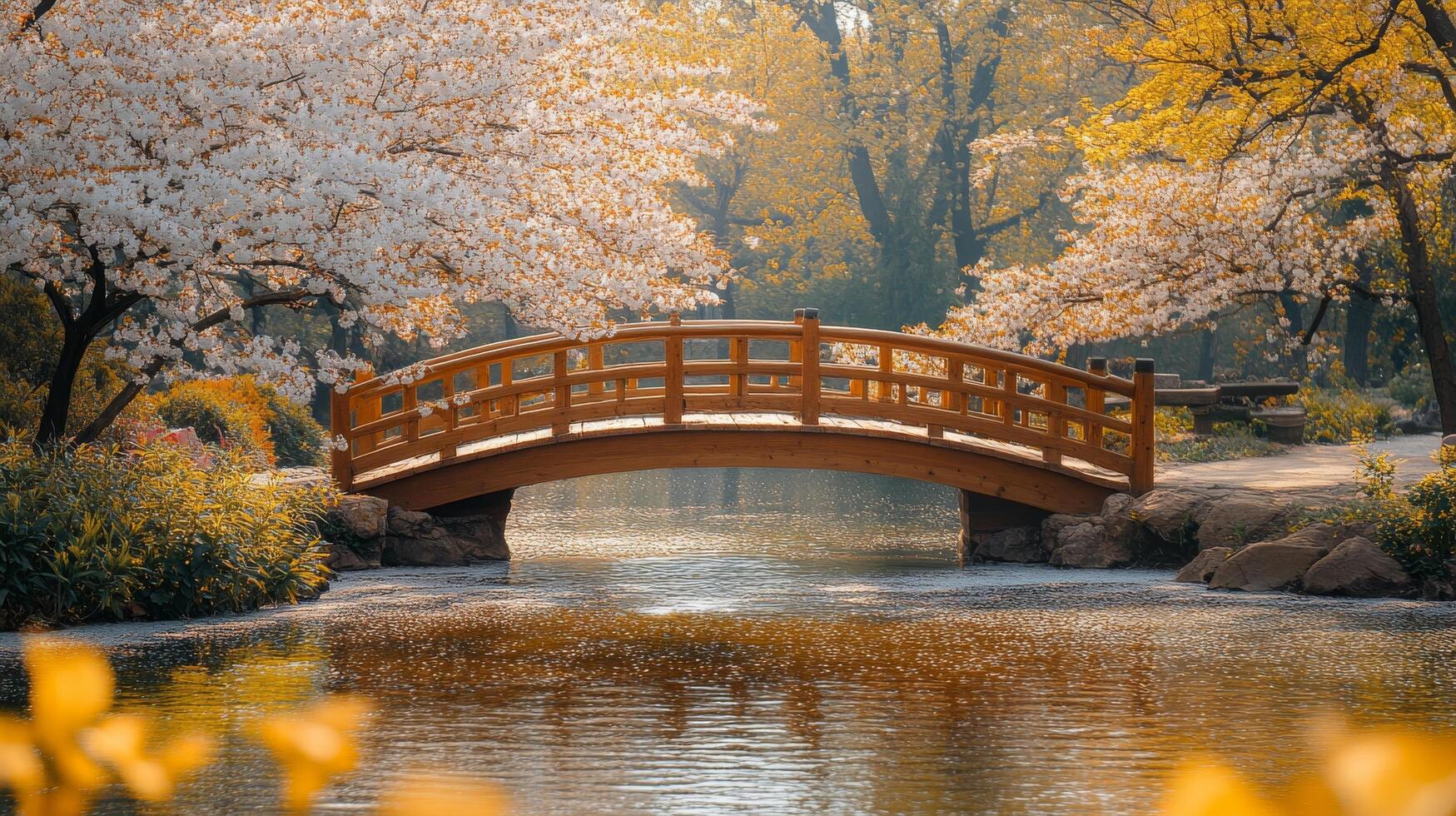 A bridge over a pond surrounded by trees photo