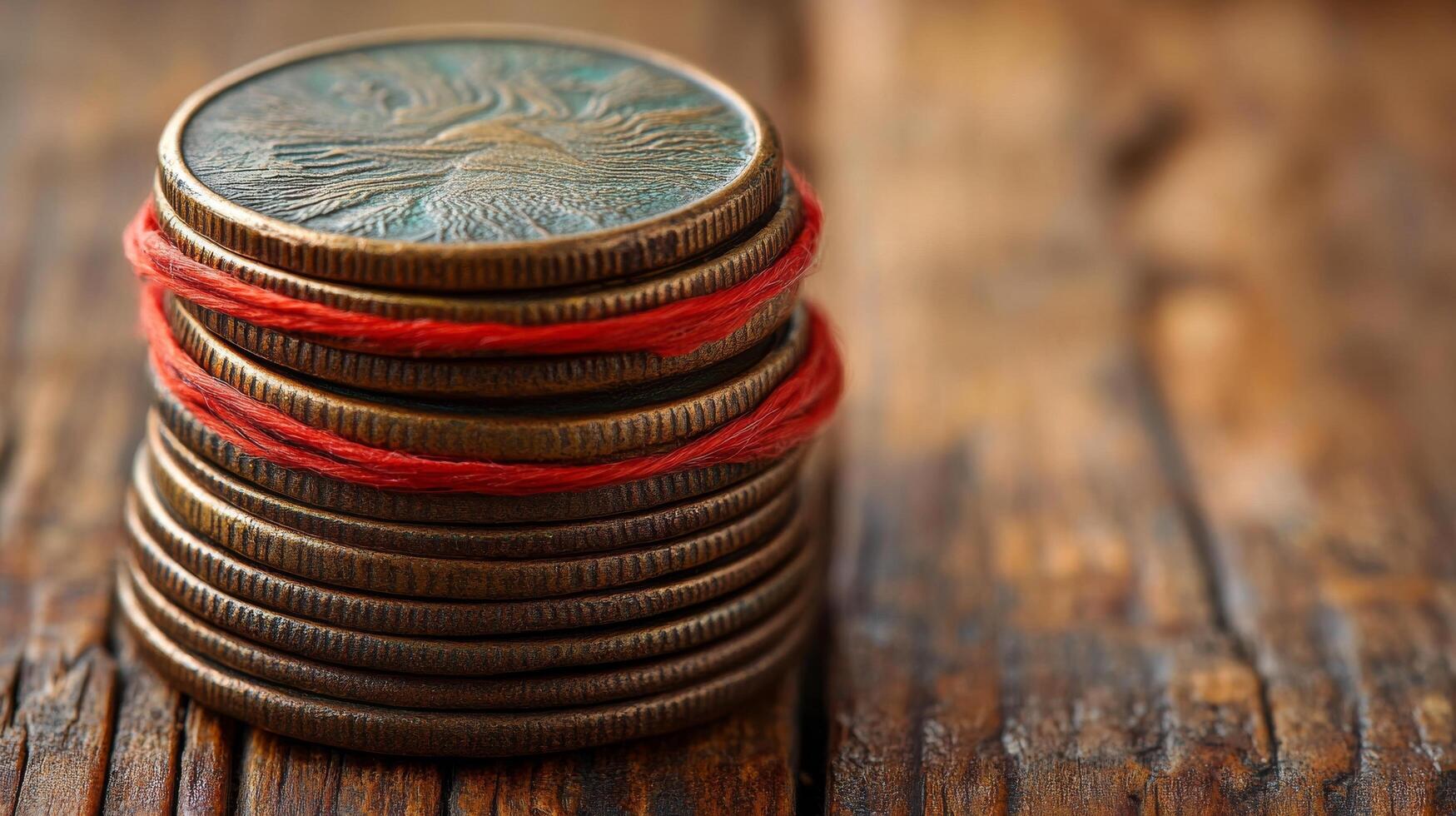 A stack of coins with red thread on top photo