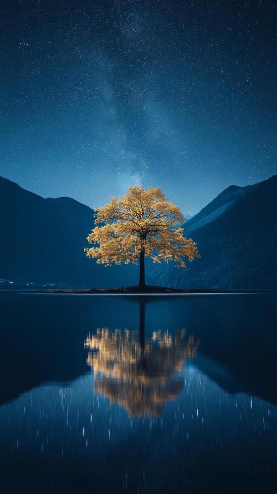 A lone tree in the middle of a lake at night photo