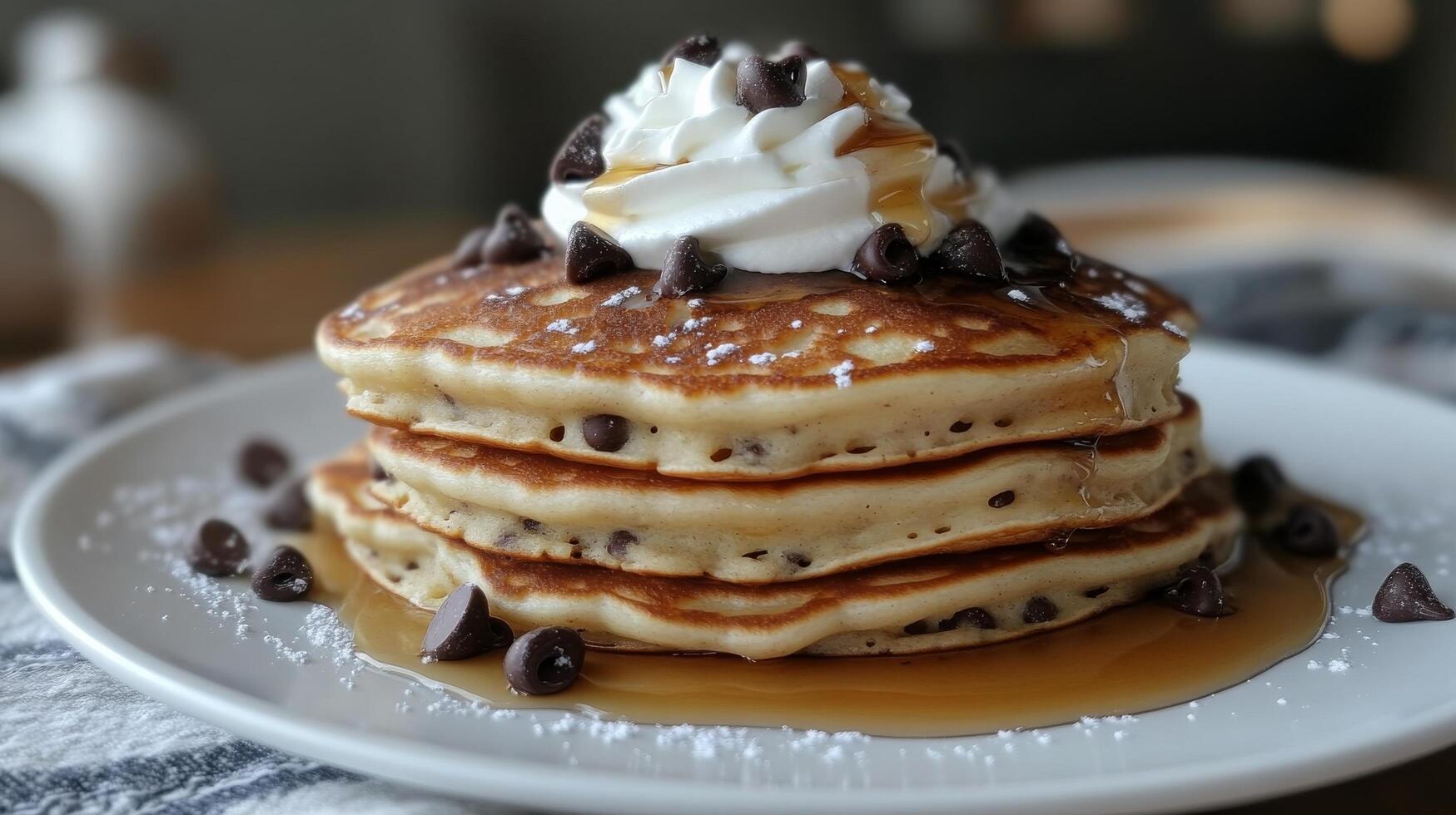 A stack of pancakes topped with whipped cream and chocolate chips photo