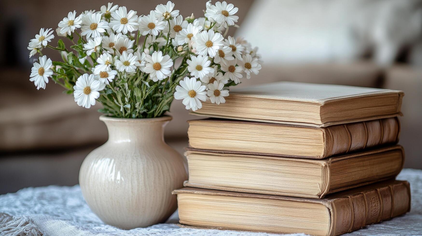 A vase with white flowers sitting on top of a stack of books photo