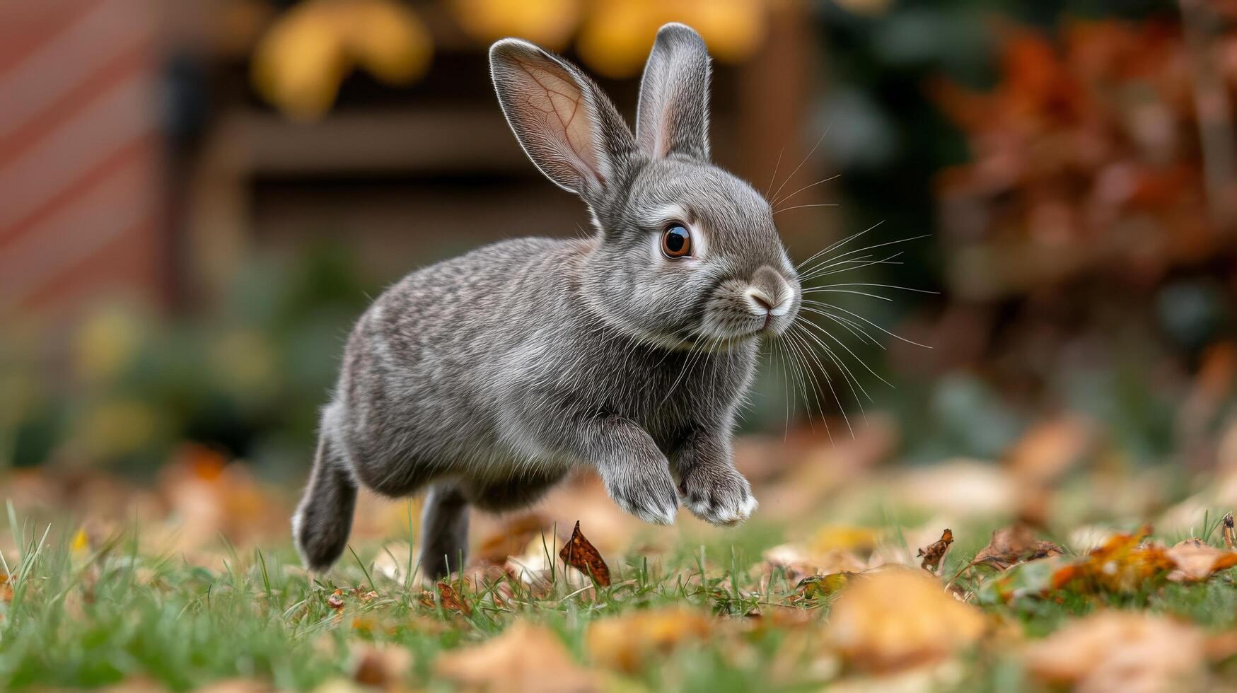 A gray rabbit running through the grass photo