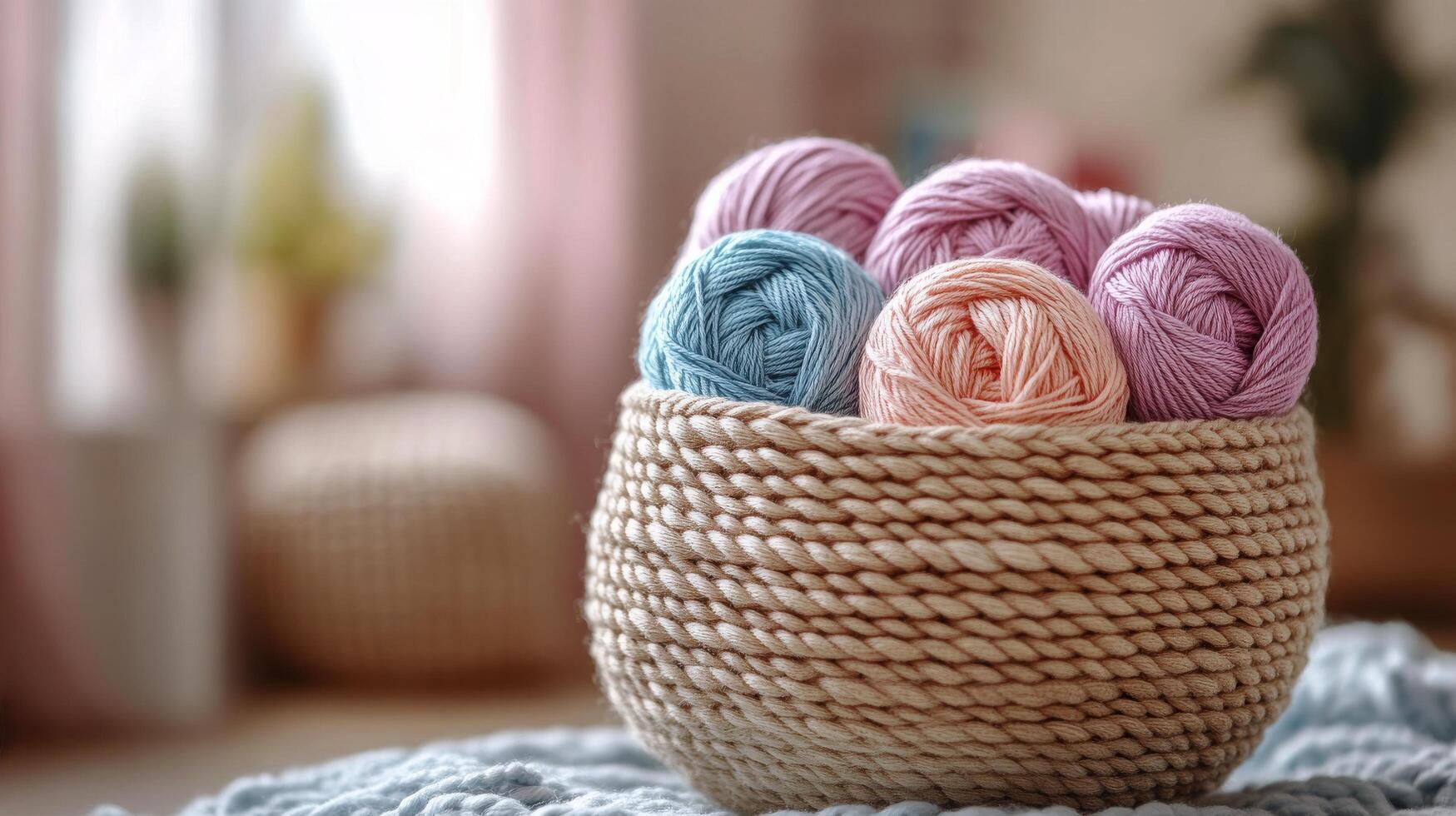 A basket filled with yarn on a bed photo