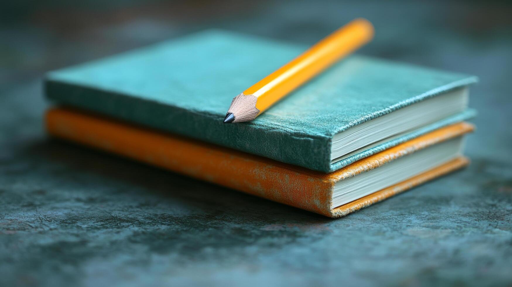A yellow pencil sits on top of two books photo