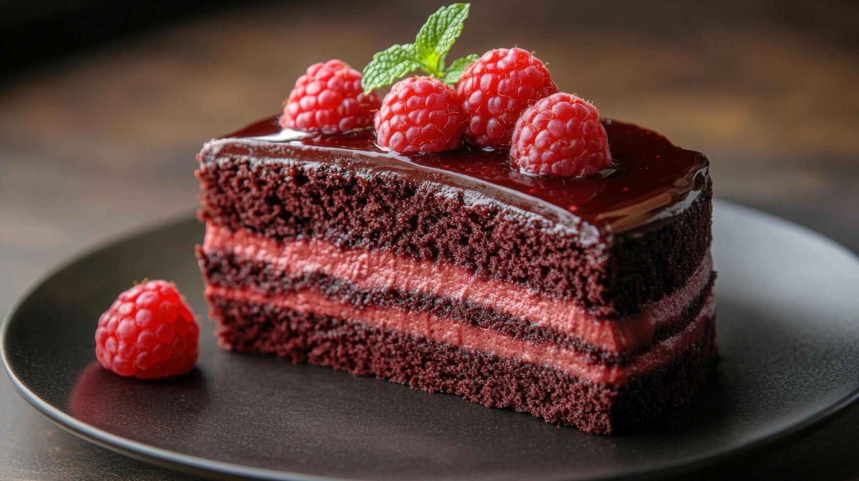 A piece of chocolate cake with raspberries on top photo