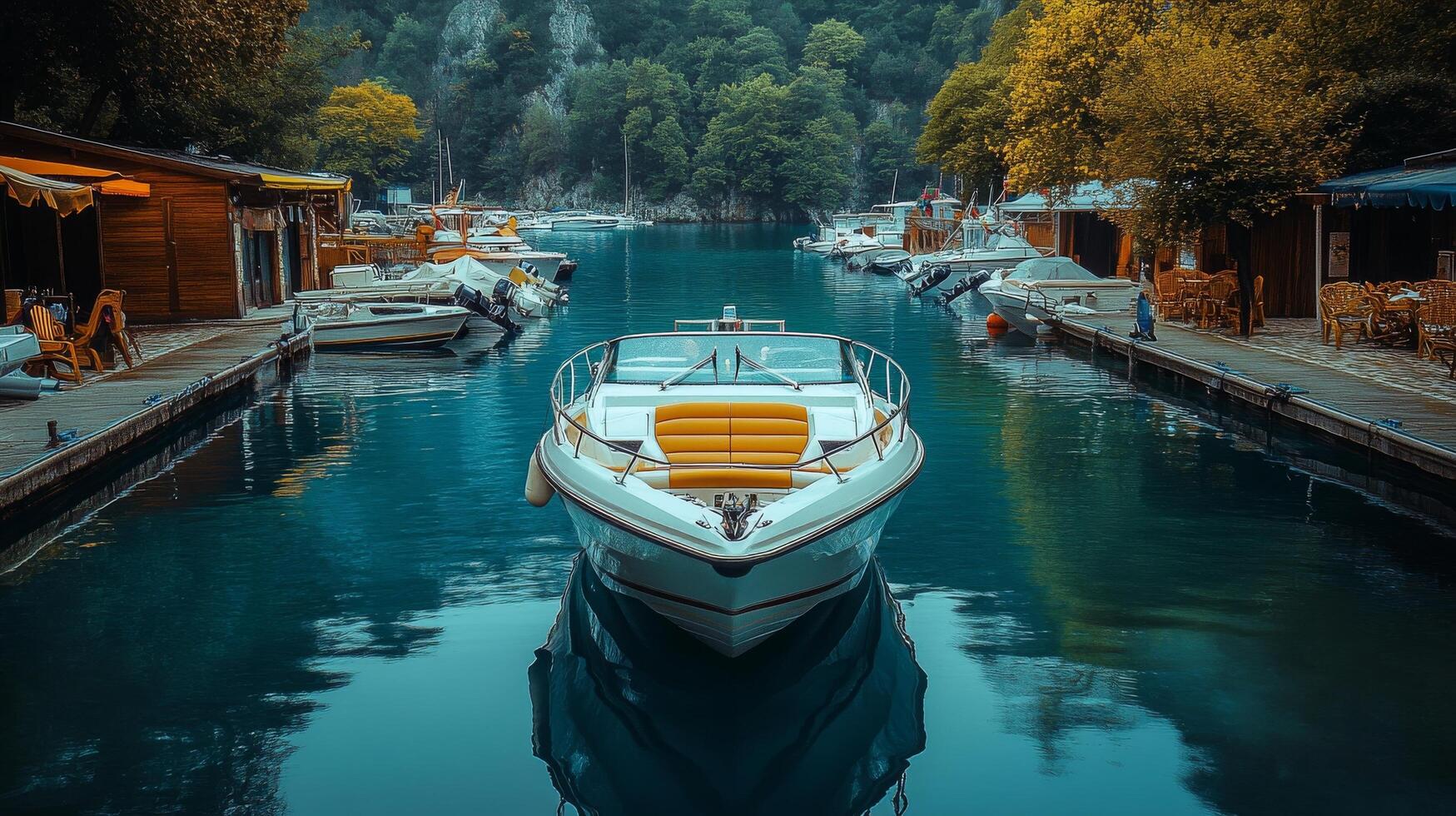 A boat is docked in a marina photo