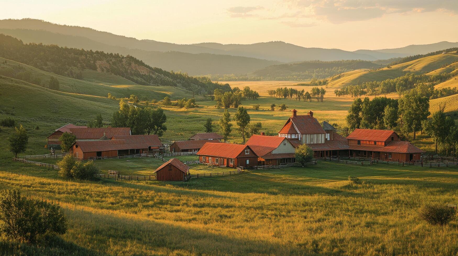 A farm with red roofs in the mountains photo
