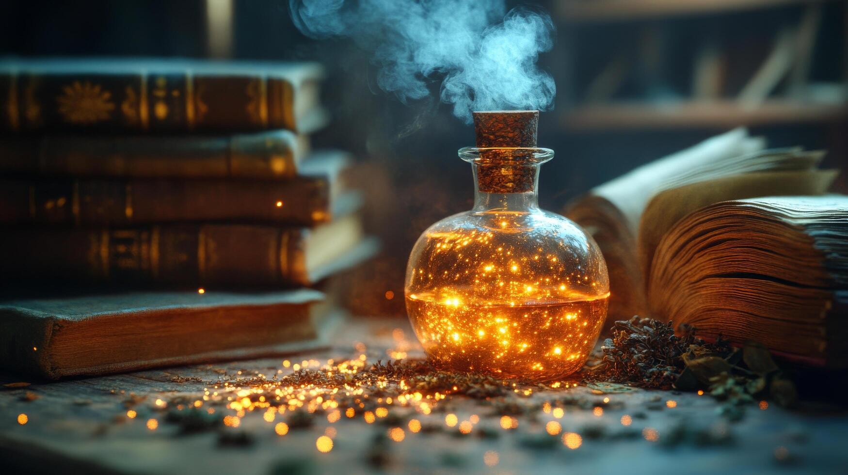 A bottle of potion with a fire inside and books on a table photo