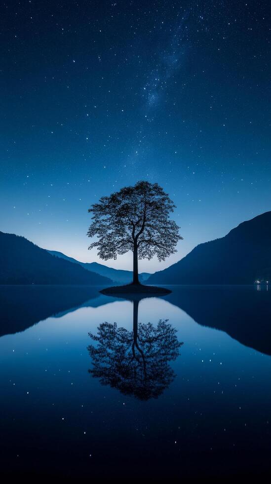 A lone tree is reflected in the water at night photo
