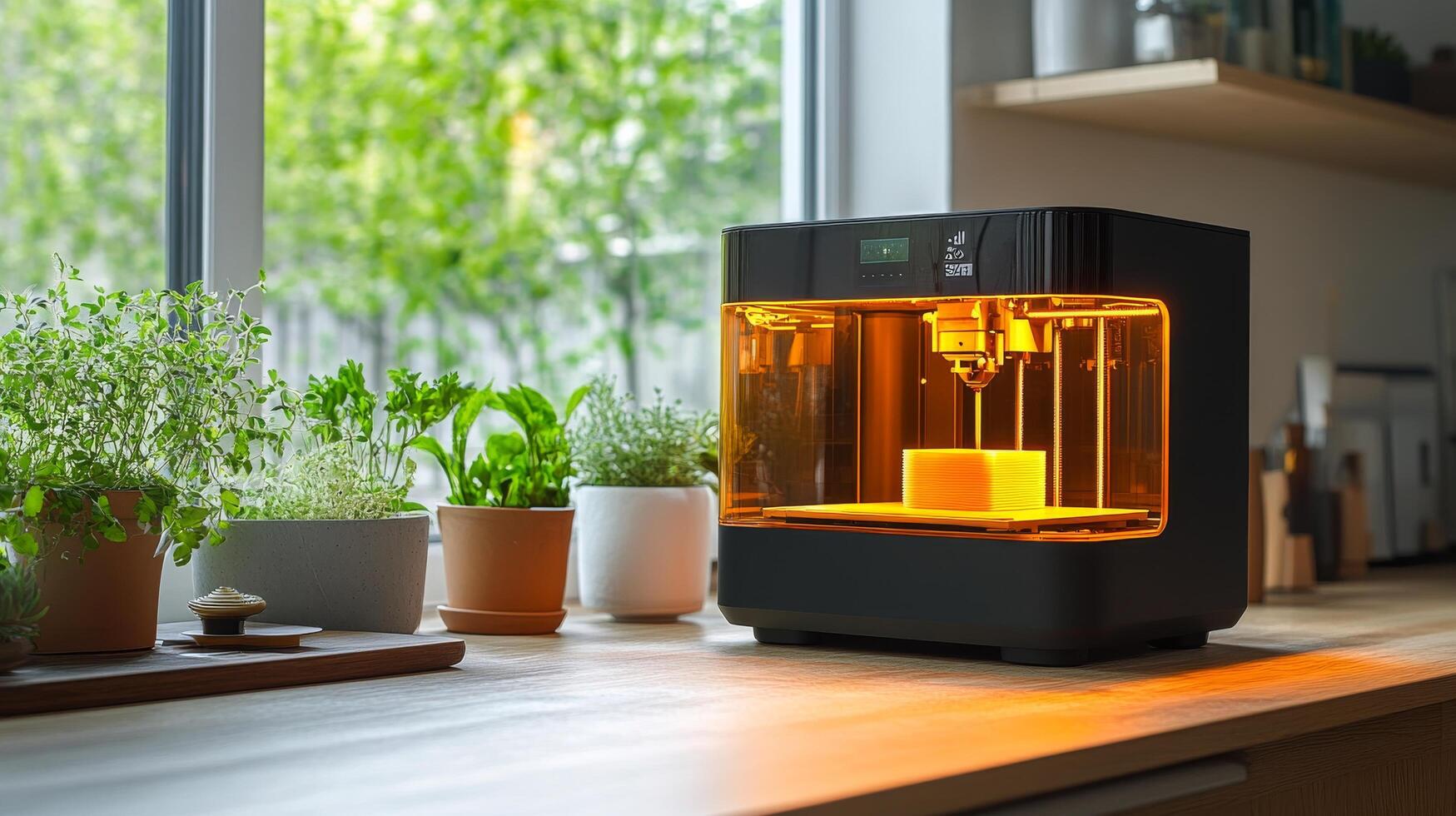 A 3d printer is sitting on a table next to a window photo