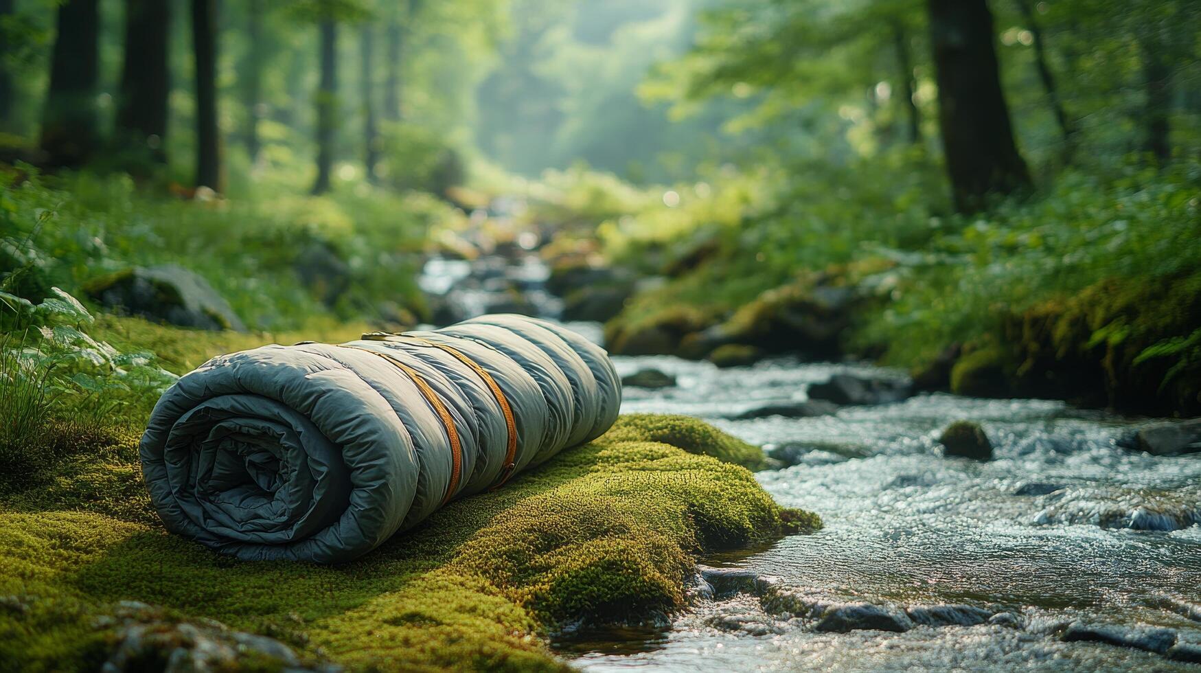 A sleeping bag is laying on the ground next to a stream photo