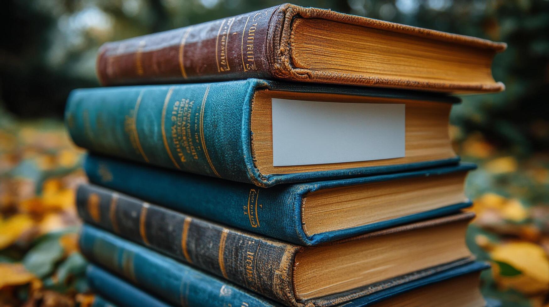 Stack of old books with a blank label photo
