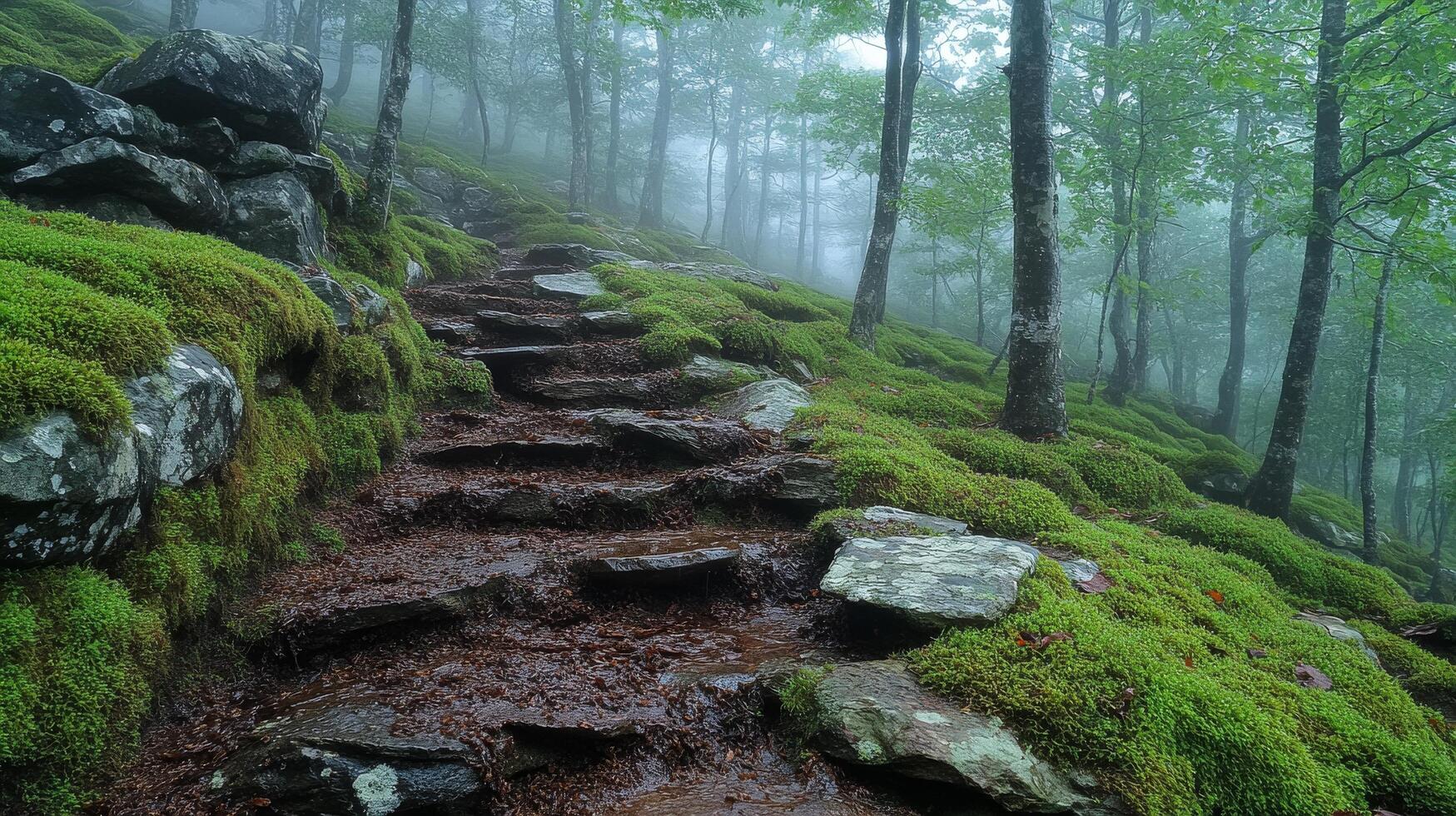 A path through the woods with mossy rocks photo