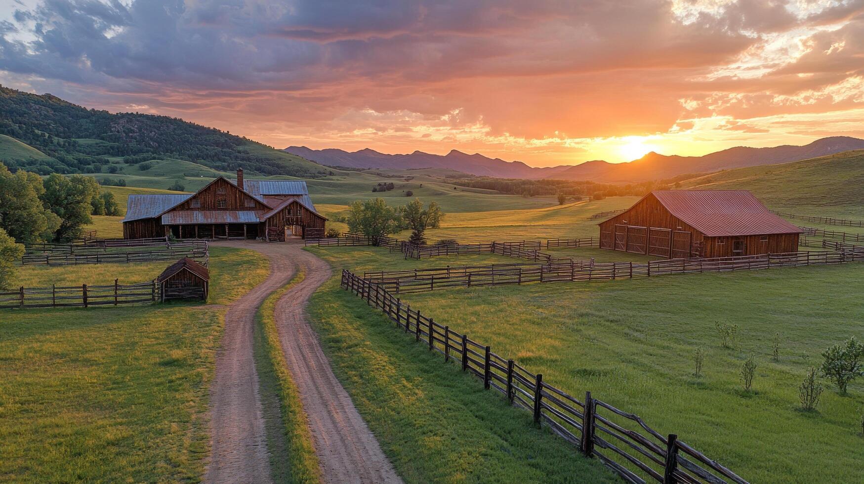 A farm with a dirt road and barn at sunset photo