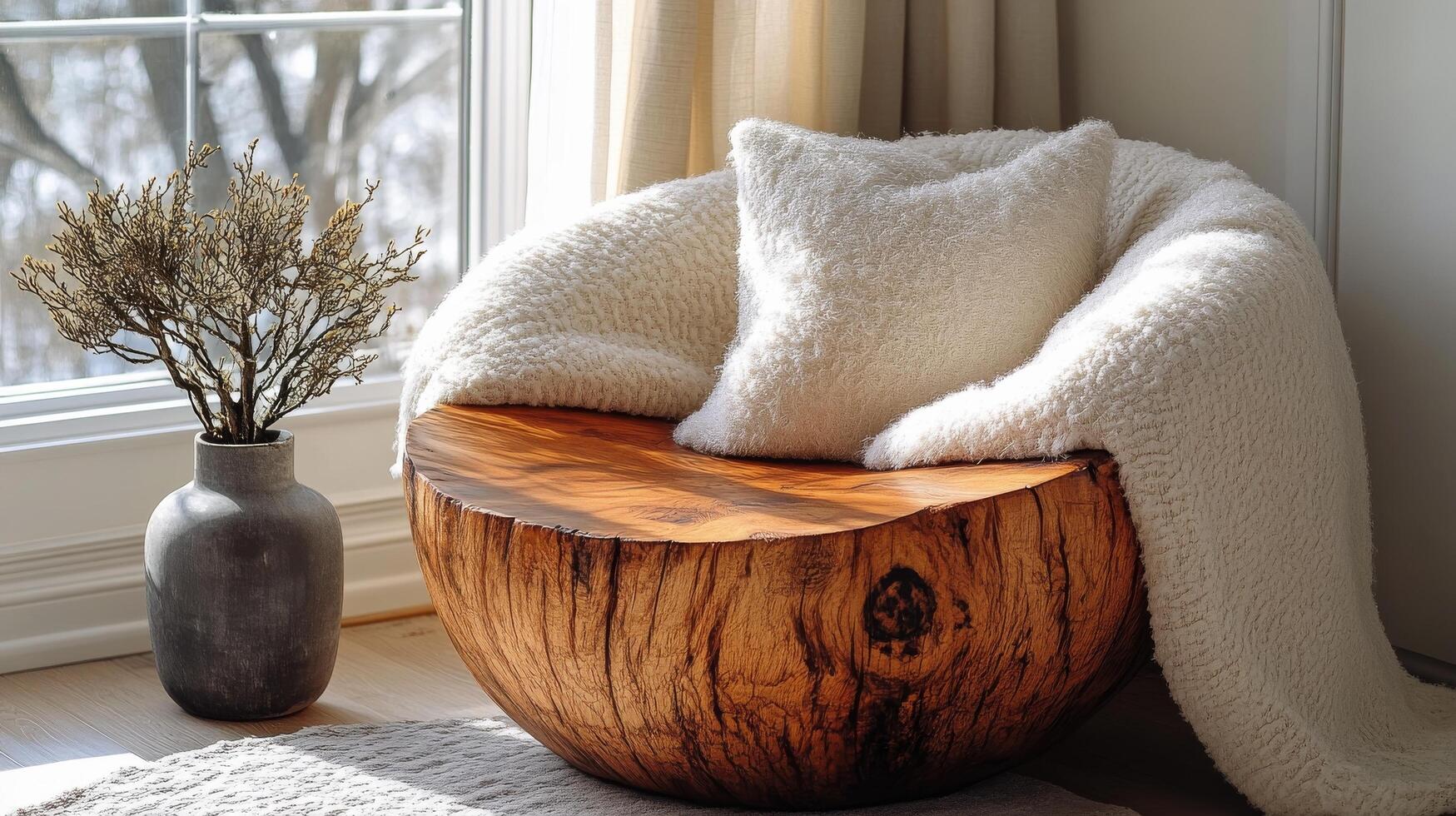 A chair with a blanket and a vase on the floor photo