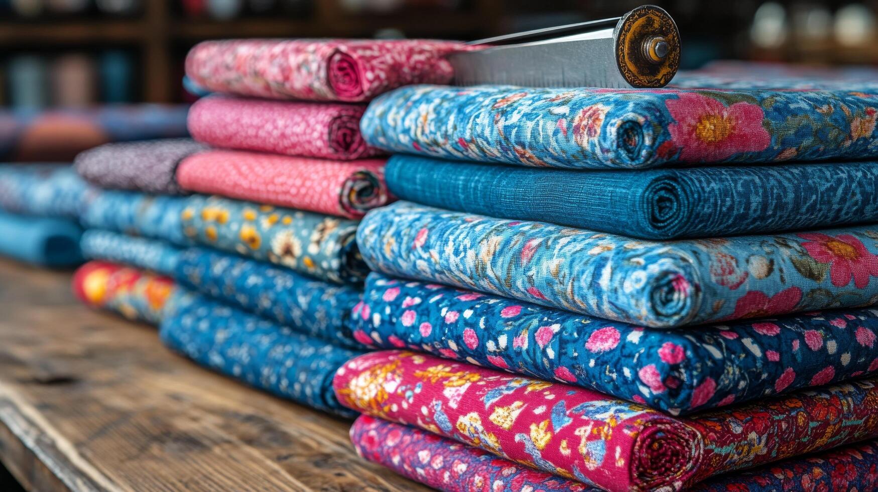 A stack of colorful fabric on a wooden table photo